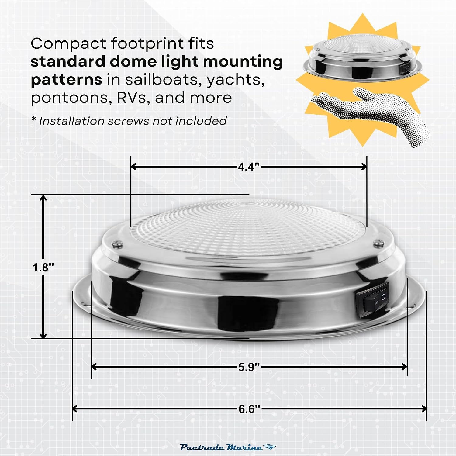 Pactrade Marine LED Dome Light RGBW - 5-Inch, Built-in Color Switch (2-Wire, NO Controller Needed) - Stainless Steel Surface Mount - 4-Color Interior Boat Lights, Marine-RV Ready (12V/24V)