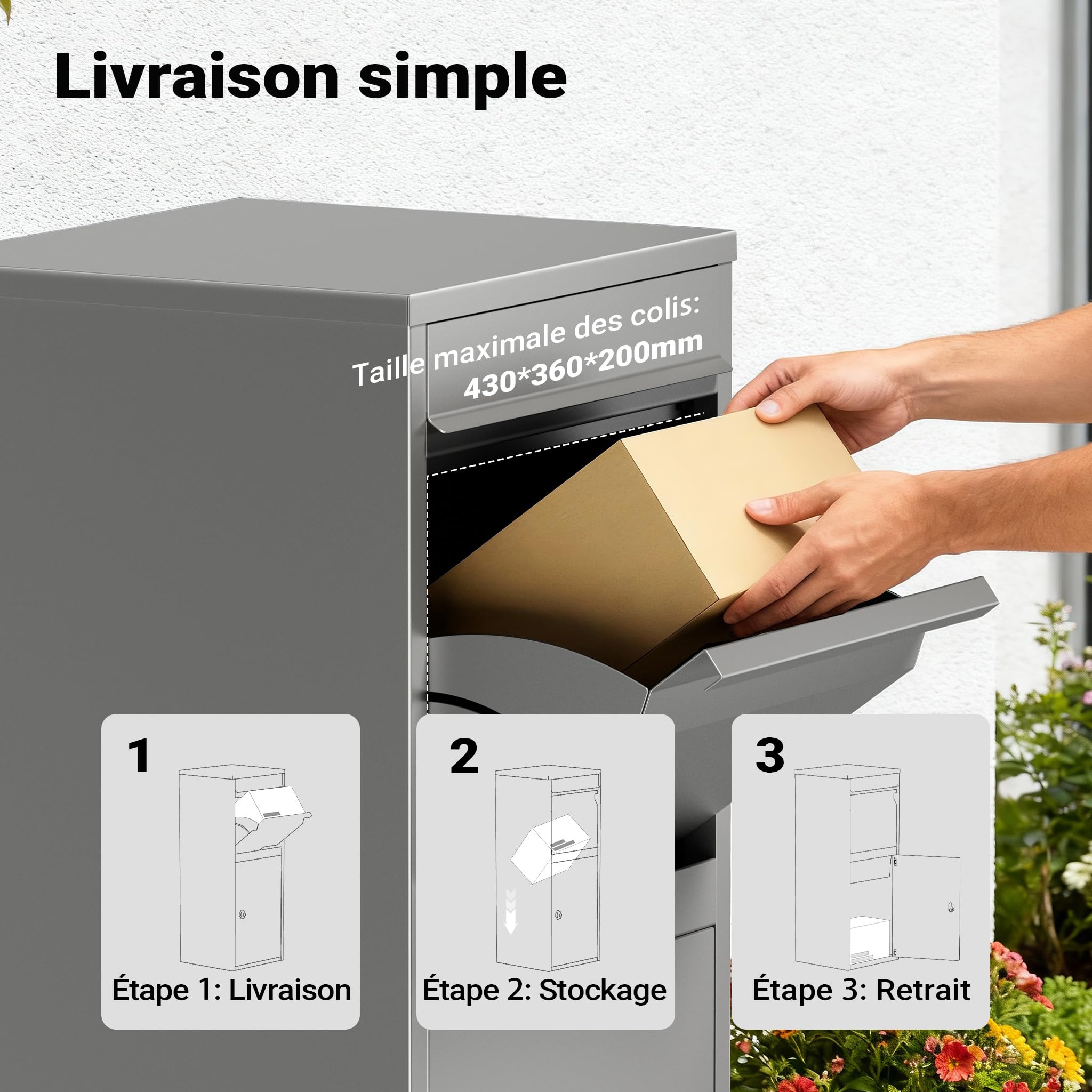 Wiltec Boîte à Colis Grise 410 x 380 x 1020 mm en Acier avec revêtement en Poudre Boîte aux Lettres verrouillable pour la réception de Colis à Domicile Livraison de courrier