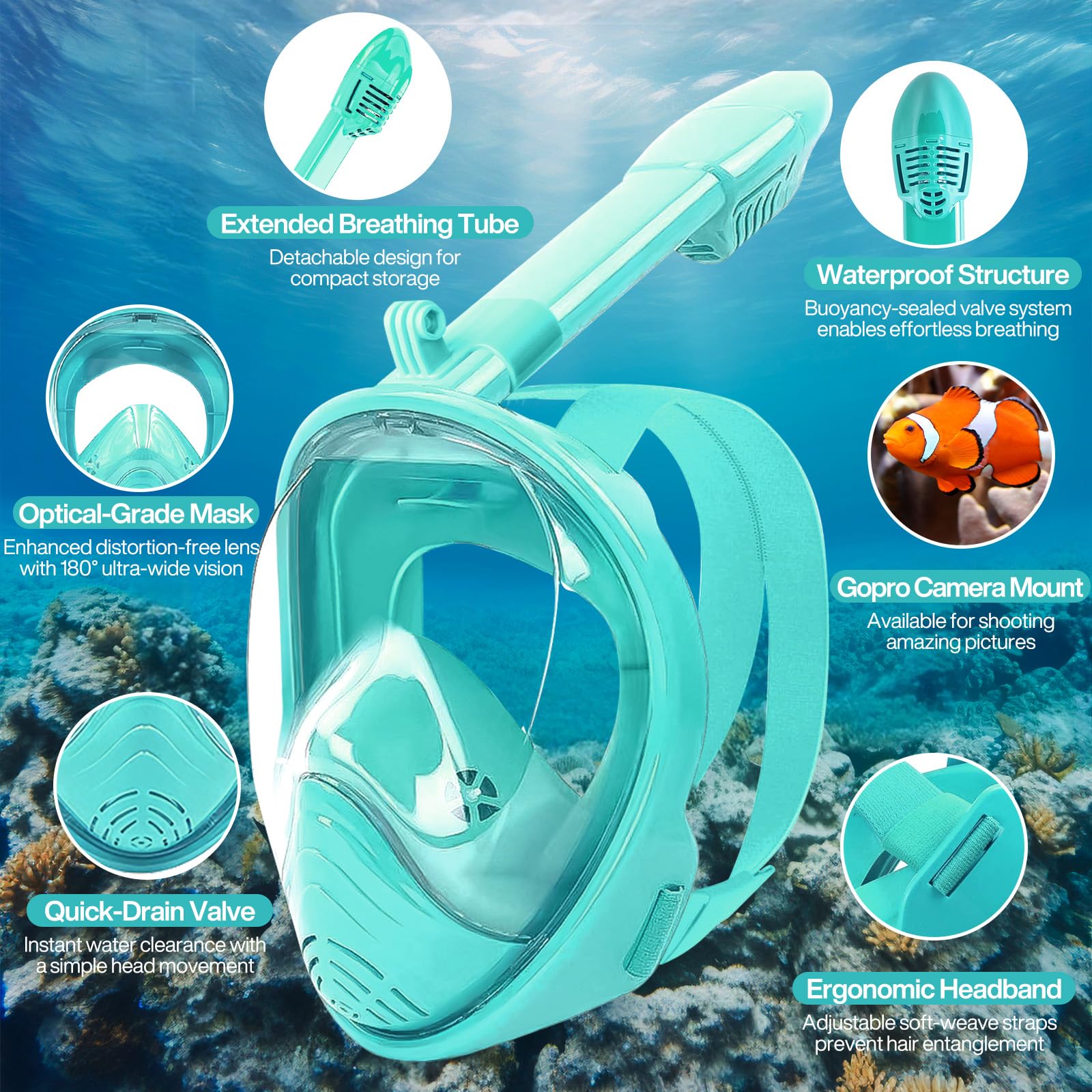 Masque Plongée Enfant XS – Masque Tuba 180° Anti-Buée & Anti-Fuite, Masque Piscine Enfant avec Sac Filet, Support Caméra & Accessoires – Masques de Plongée pour Garçons et Filles