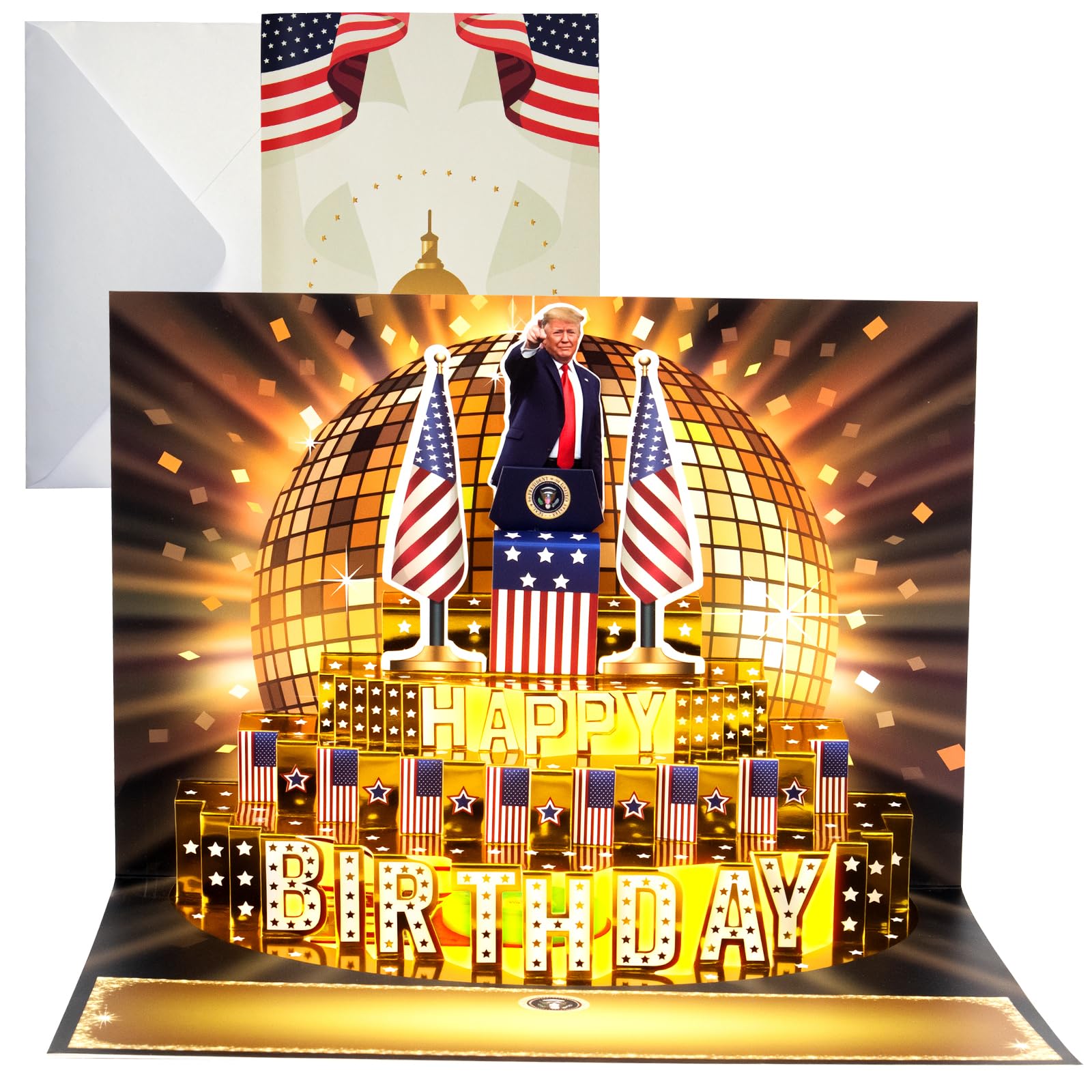 Tarjeta de cumpleaños, tarjetas de felicitación del presidente Donald parlante con mensaje de voz real y luz para hombres y mujeres, padres, parejas (cumpleaños, pastel dorado)