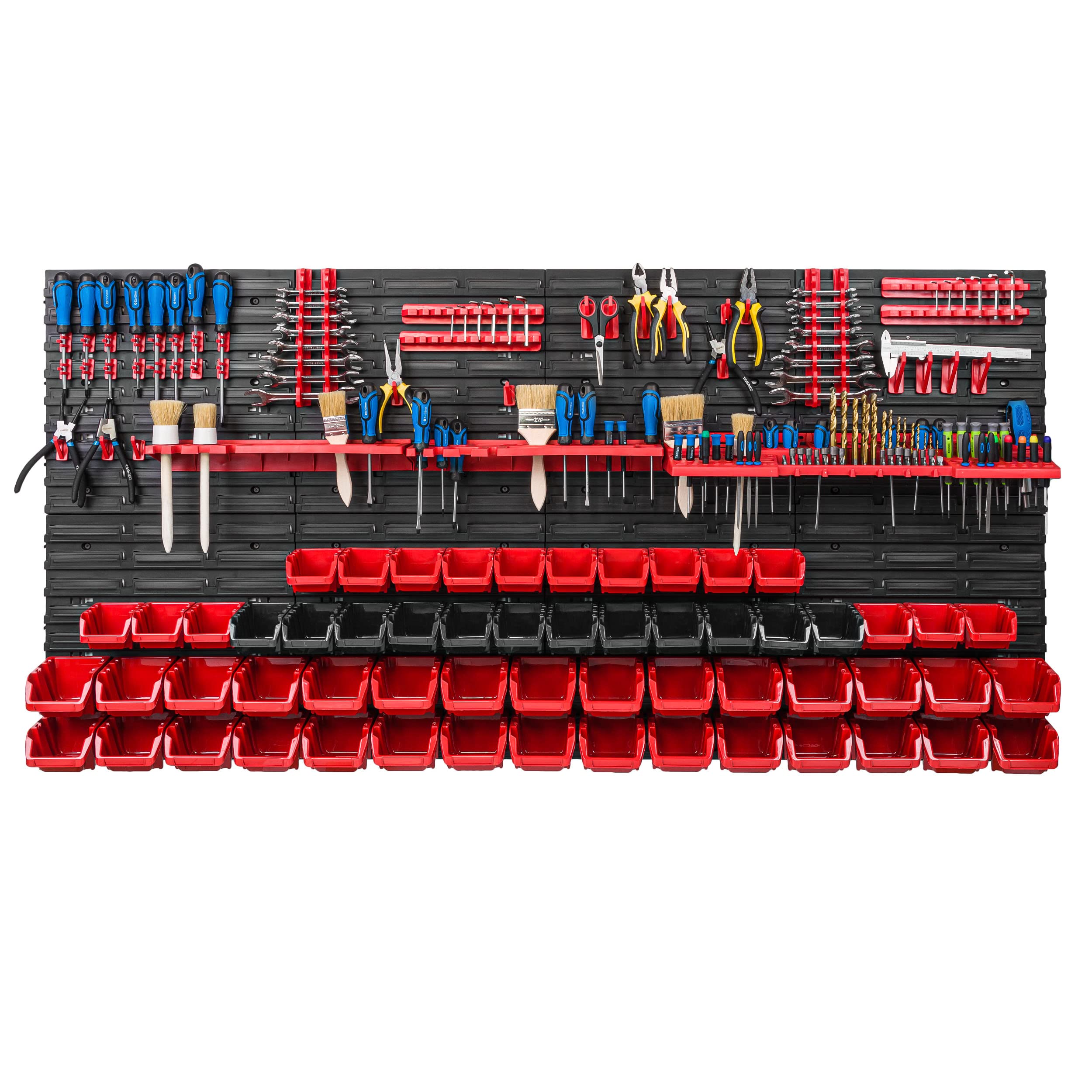 Sistema de almacenamiento para taller, 156 x 78 cm, caja de 58 unidades, estantería de pared con soportes para herramientas y cajas apilables, placas de pared extrafuertes, estantería de
