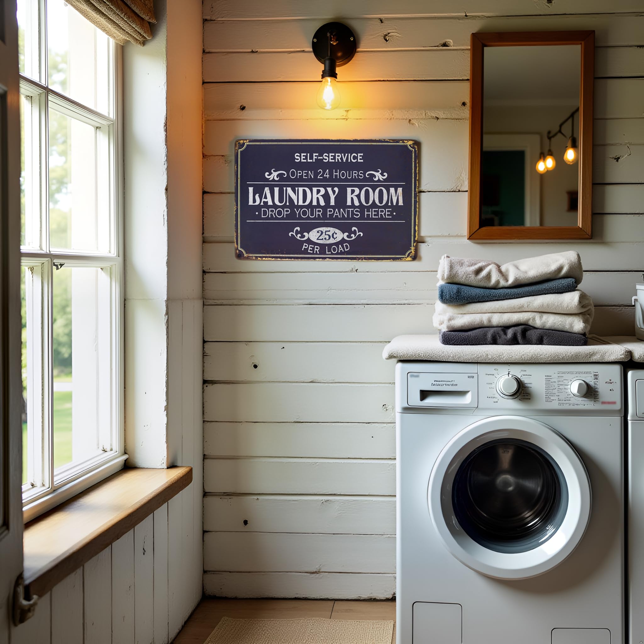 Cartello Vintage Metallo 2 Pezzi | 20x30 Cm | Scritta 'Laundry Room Open 24 Hours' | Decorazione Parete Per Lavanderia | Stile Retrò