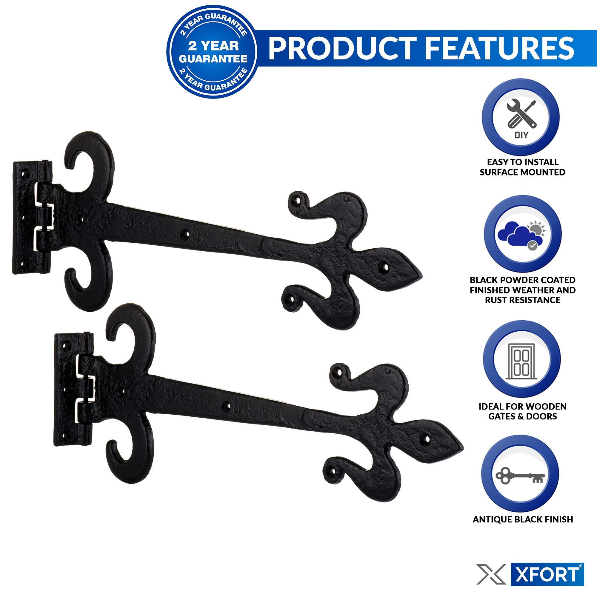 XFORT 410mm Black Antique Fleur De LYS Working Hinge, Cast Iron Gate Hinges 1 Pair
