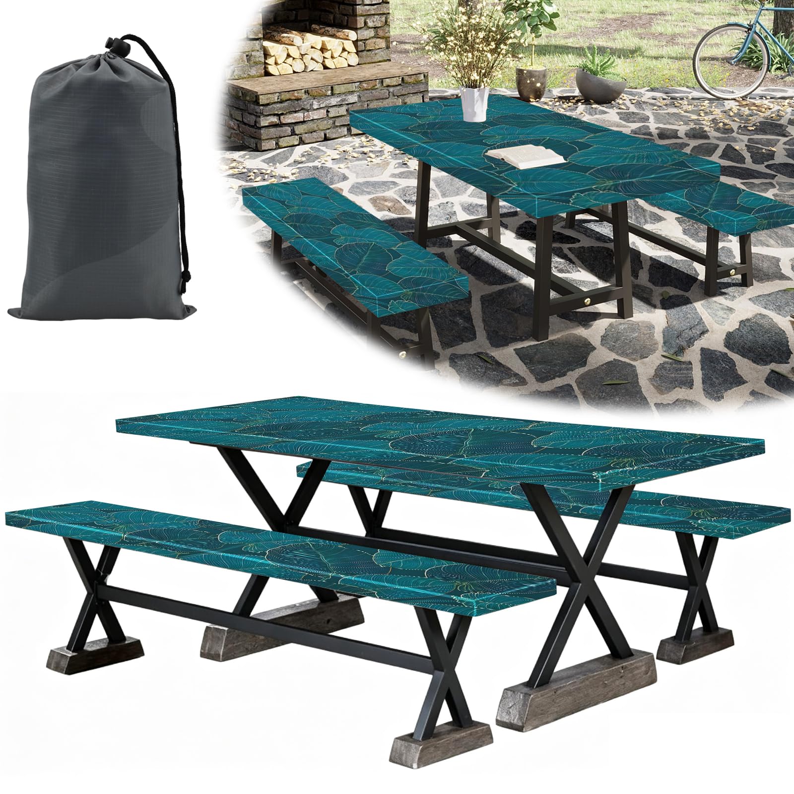 Bpyhebe 3PCS Picnic Table Cover Protector, Waterproof Windproof Print Camping Tablecloth with Bench Covers 2 Seater and Drawstring Bag, Elastic Edge Polyester Fitted 182×76 cm Rectangle Tables(B)