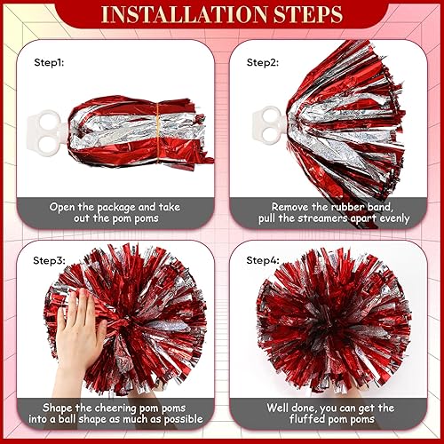 Miniatura 223 de Hanaive 3 pompones de animadora y lazo grande para animadora para el pelo, suministros metálicos para animadora de espíritu de equipo, deportes