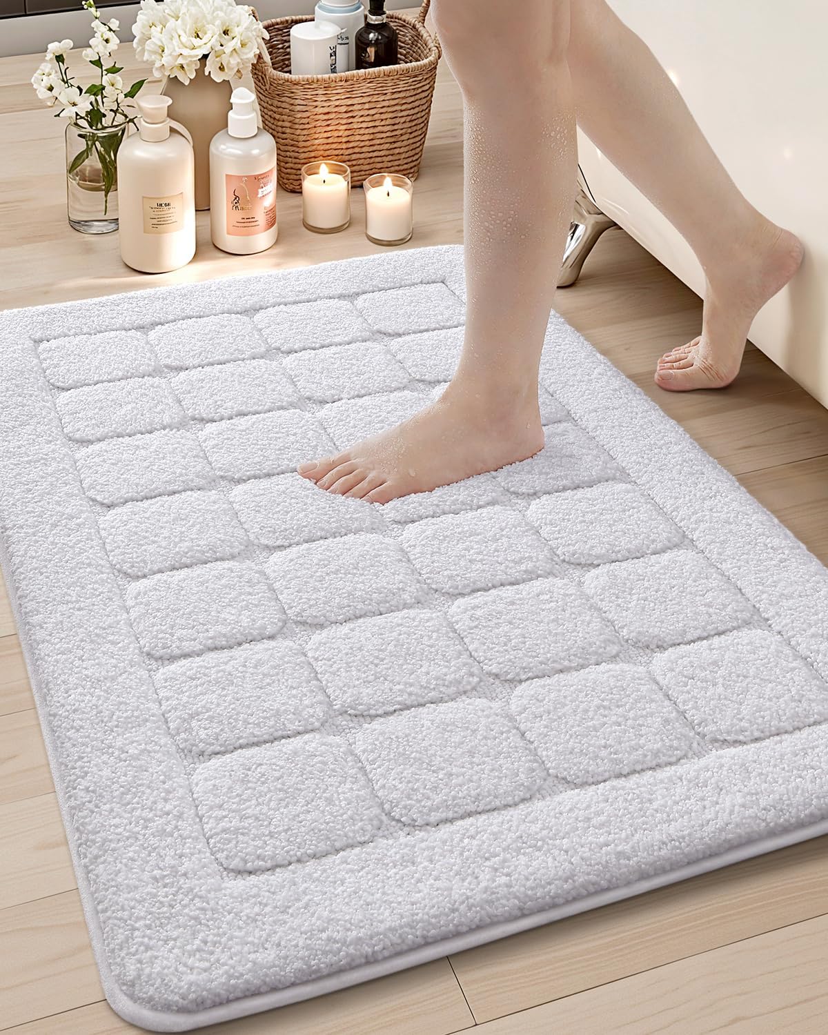 color&geometry ultra soft bathroom rug, non slip machine washable bath mat with rubber backing, plush fluffy absorbent carpet for bathroom floor, tub and shower, 24"x36", white white-waffle 24"x36"