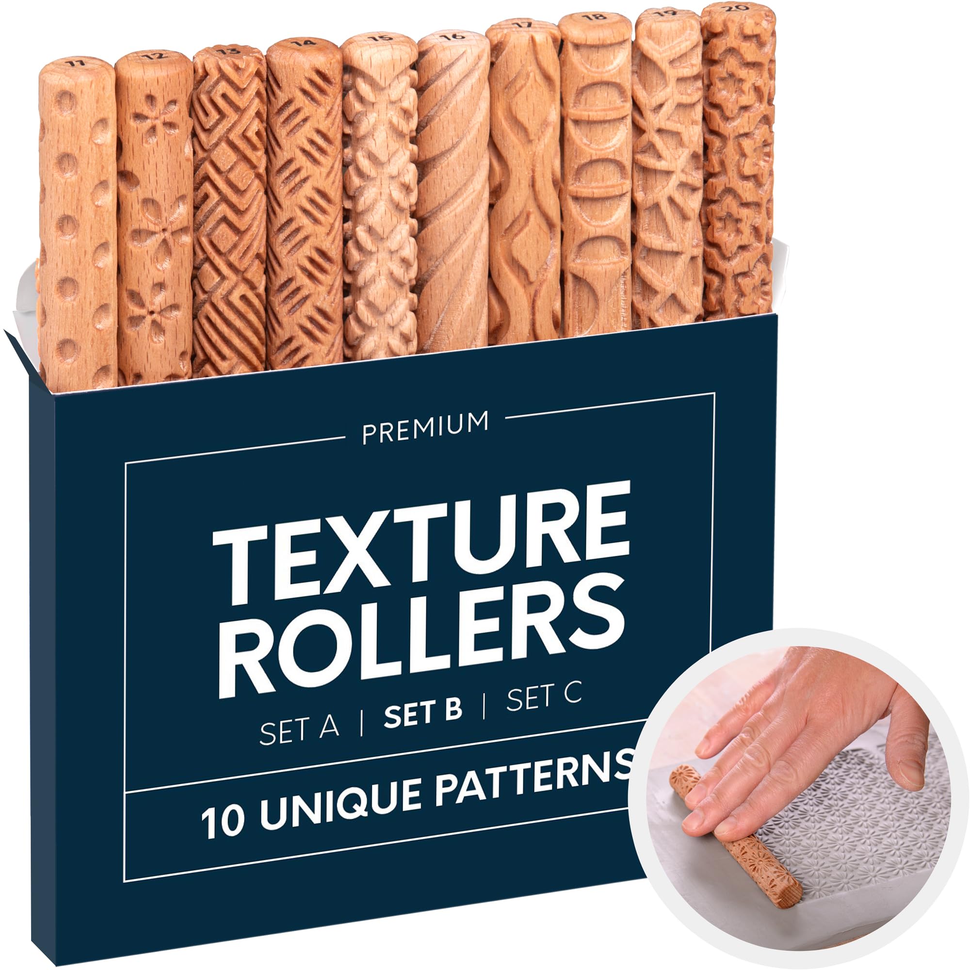Byllstore Clay Texture Rollers | 10-Pack | 5 in x 0.65 in | Premium Wooden Pottery Tools | Set B