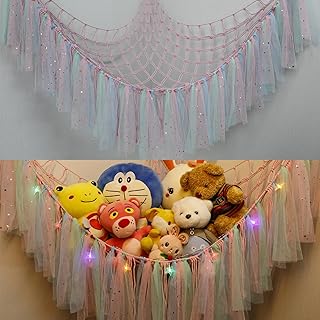 Stuffed Animals Net or Hammock with LED Light, 59 inch Toy Hammock Net for Stuffed Animals Corner Hanging Stuffed Animal Storage Stuffed Animal Holder for Nursery Kids Bedroom (Pink)…