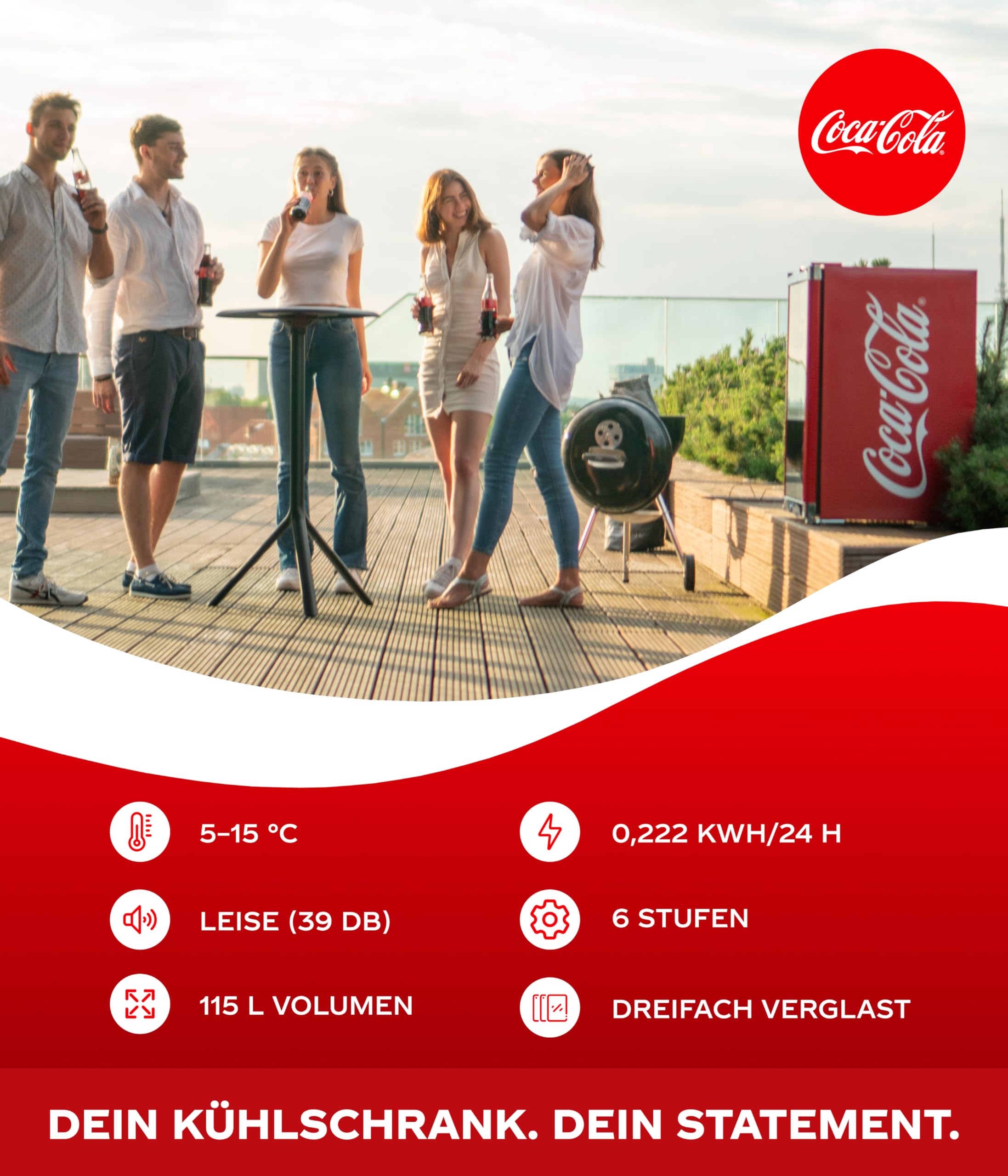 Coca Cola Kühlschrank 115L Getränkekühlschrank mit Glastür 84,5 cm hoch 104 kWh/Jahr
