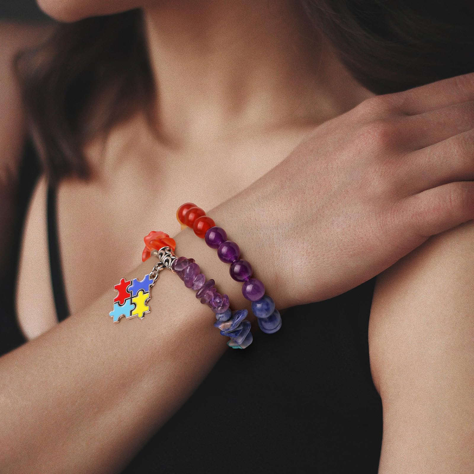 Braccialetto di Ametista per Donna, Braccialetti Anti-ansia con Perline di Ametista, ciondoli a Farfalla, Braccialetti a Strati di Pietre per Donna