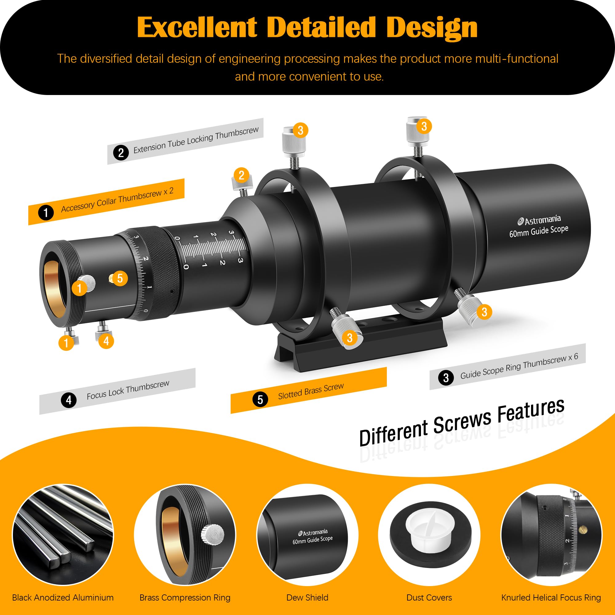 Astromania Guide Scope 60 mm kompaktes Deluxe-Sucher-Führungsrohr-Set mit doppeltem spiralförmigen Fokussierer, kompatibel mit 1,25-Zoll-Okular für astronomisches Teleskop und automatische