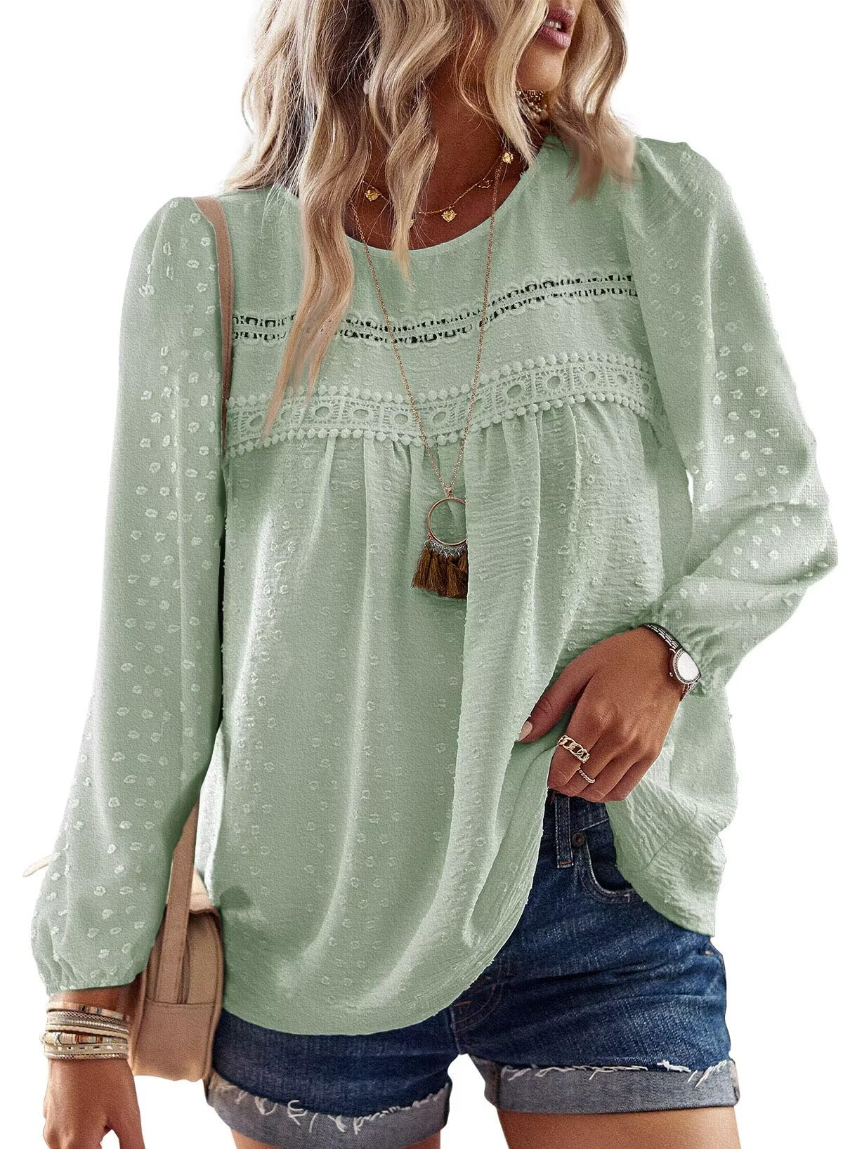 TUUHAW Langarmshirt Damen Boho Top Oberteile Fließend Elegant Frühling Herbst Tunika Rundhals T Shirt Süß Lässig Outfits Spitze Winter Kleidung