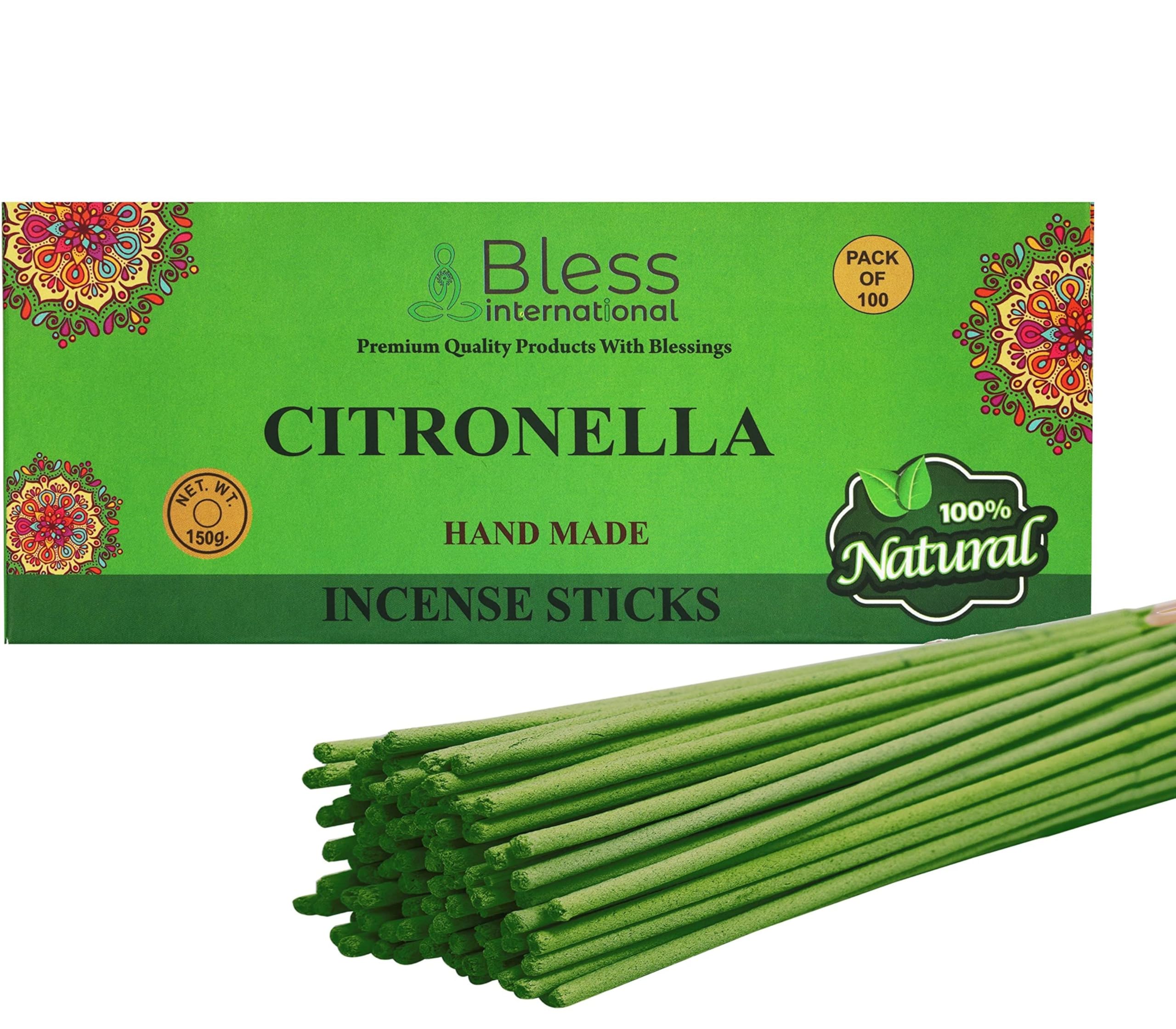 Bless International Citronella-Incense-Sticks 100%-Natural-Handmade-Hand-Dipped-Incense-Sticks Organic For-Purification-Relaxation-Positivity The-Best-Woods-Scent (100 Sticks (150GM)), BLESSIIS134