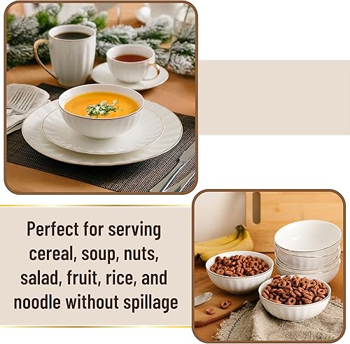 Miniatura 4 de BTaT - Tazones de porcelana blanca con borde dorado, juego de 6, 16 onzas, cuencos profundos para cereales, ensalada, sopa