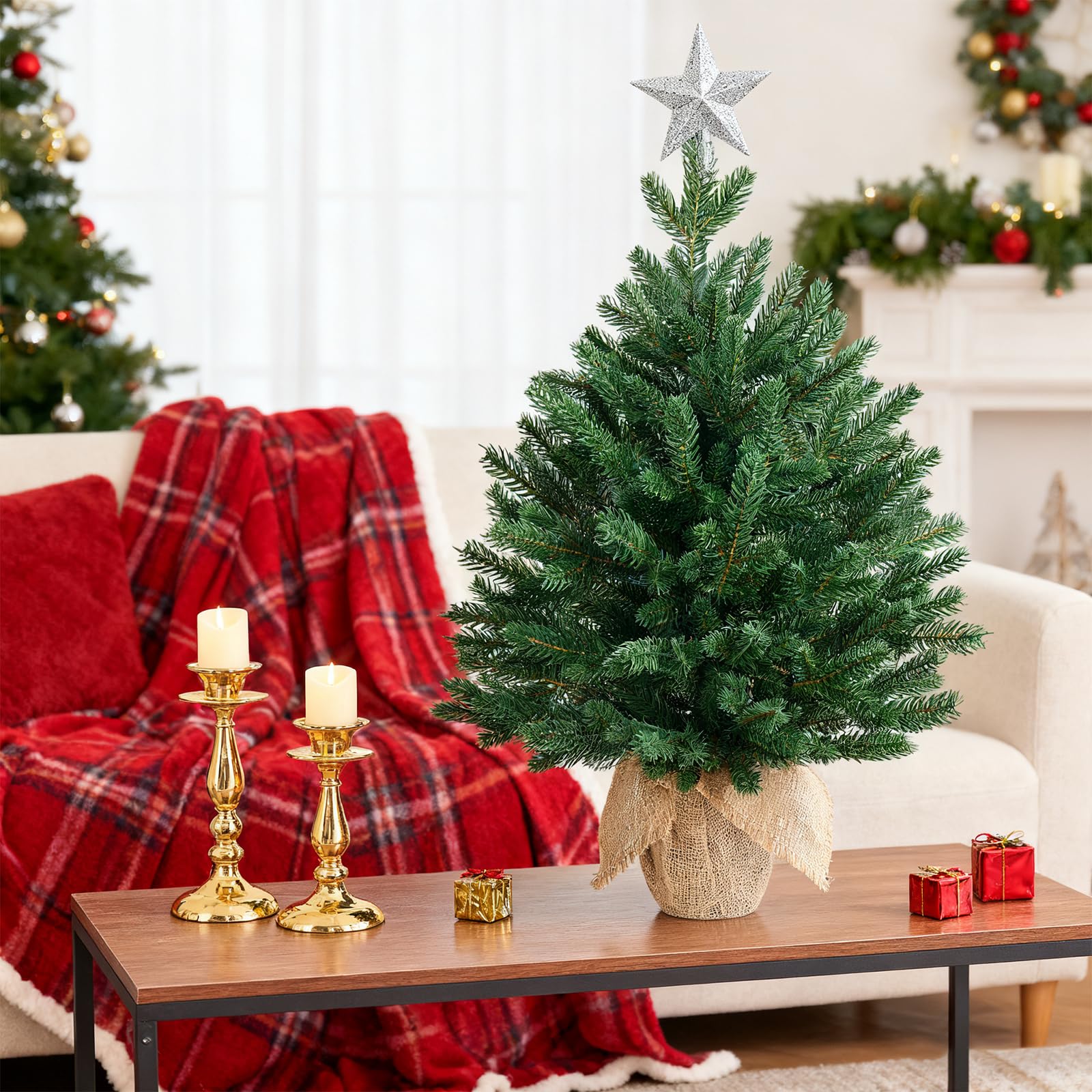 ELYKEN Mini sapin de Noël artificiel de 55,9 cm avec lumières LED, petite table, décorations de fête de Noël pour bureau, décoration d'intérieur