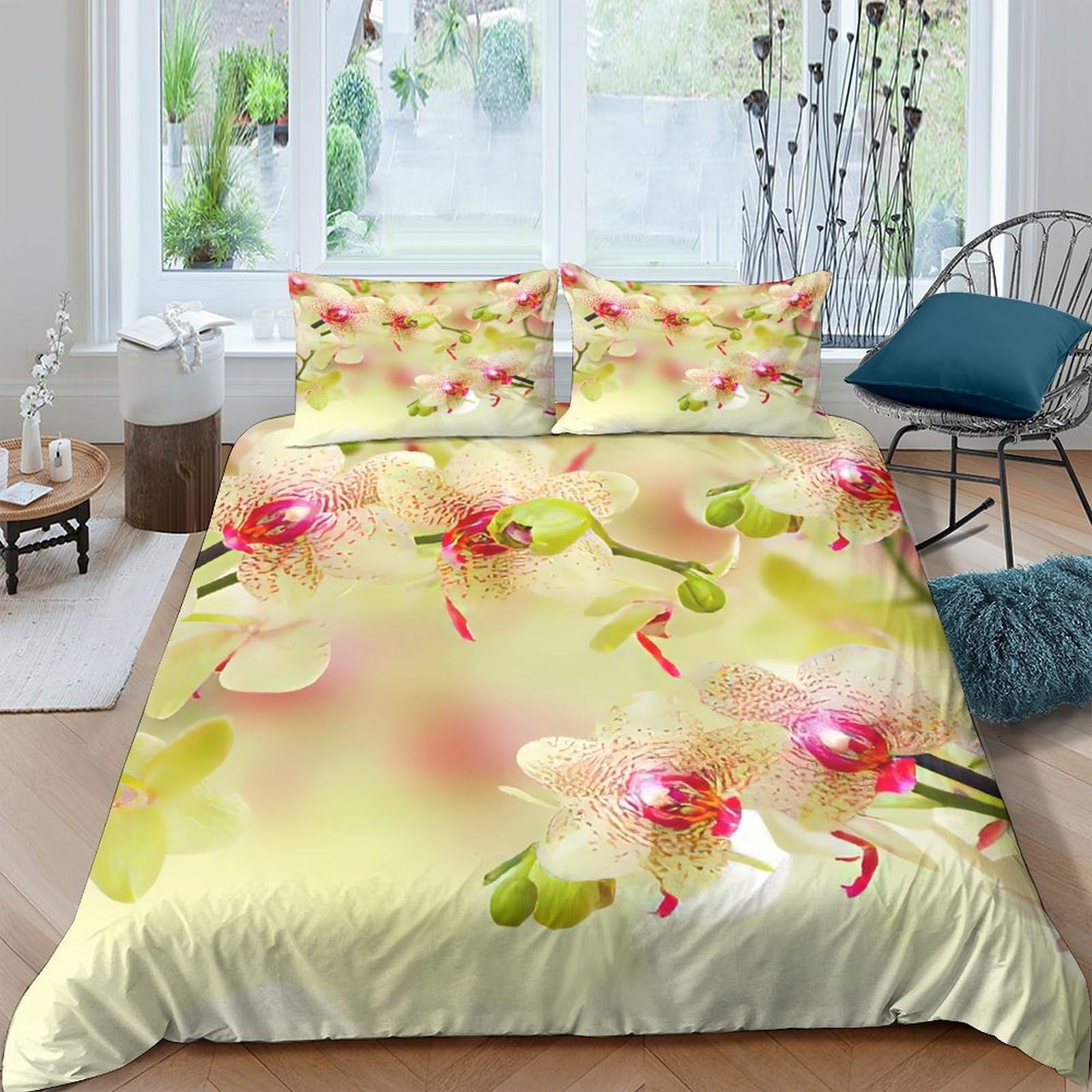 Ctjqhvkz Style-3 3D Printed Orchid Blossom Fitted Sheet Microfiber Soft Pink Green Floral Mattress Cover Bedroom Decor Single（135X200cm）