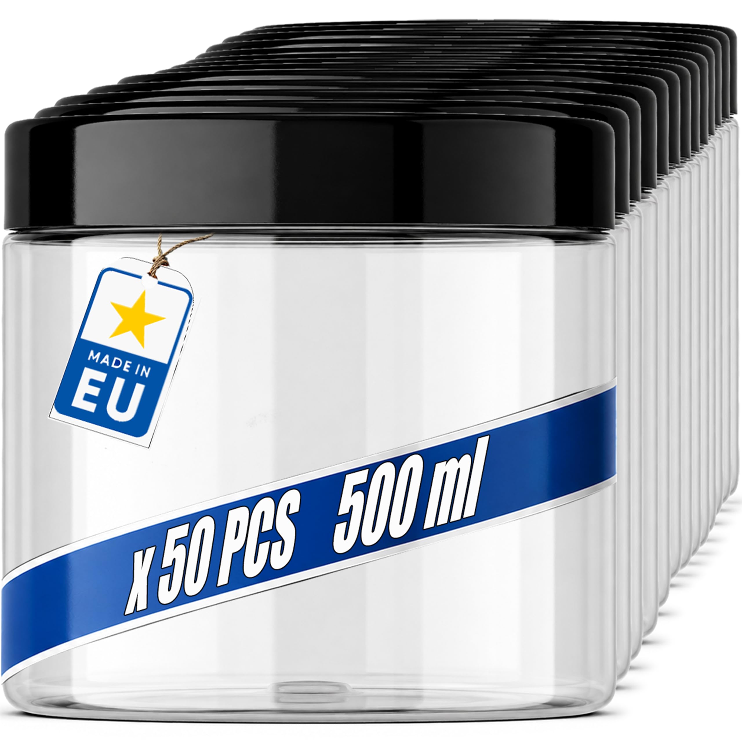 POSH Barattoli ermetici, 50 x 500 ml, in PET per uso alimentare, con coperchio a vite nero, contenitori in plastica trasparente con coperchio per spezie e caffè