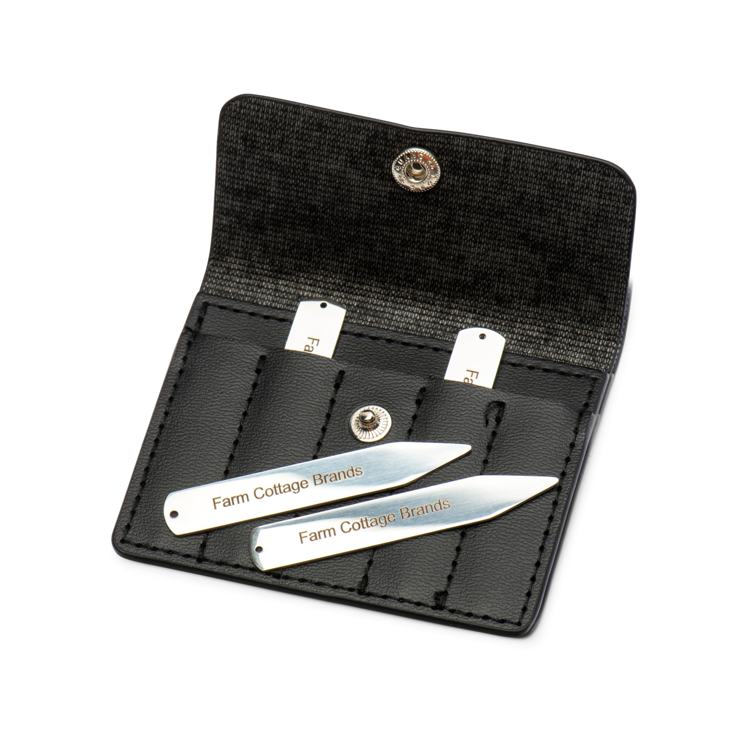 Four Stainless Steel Shirt Collar Stiffeners/Collar Stays in a Black Leather Wallet