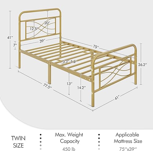 Miniatura 2 de Yaheetech Base de cama individual con plataforma de metal con cabecera de diseño entrecruzado, amplio espacio de almacenamiento debajo de la cama,