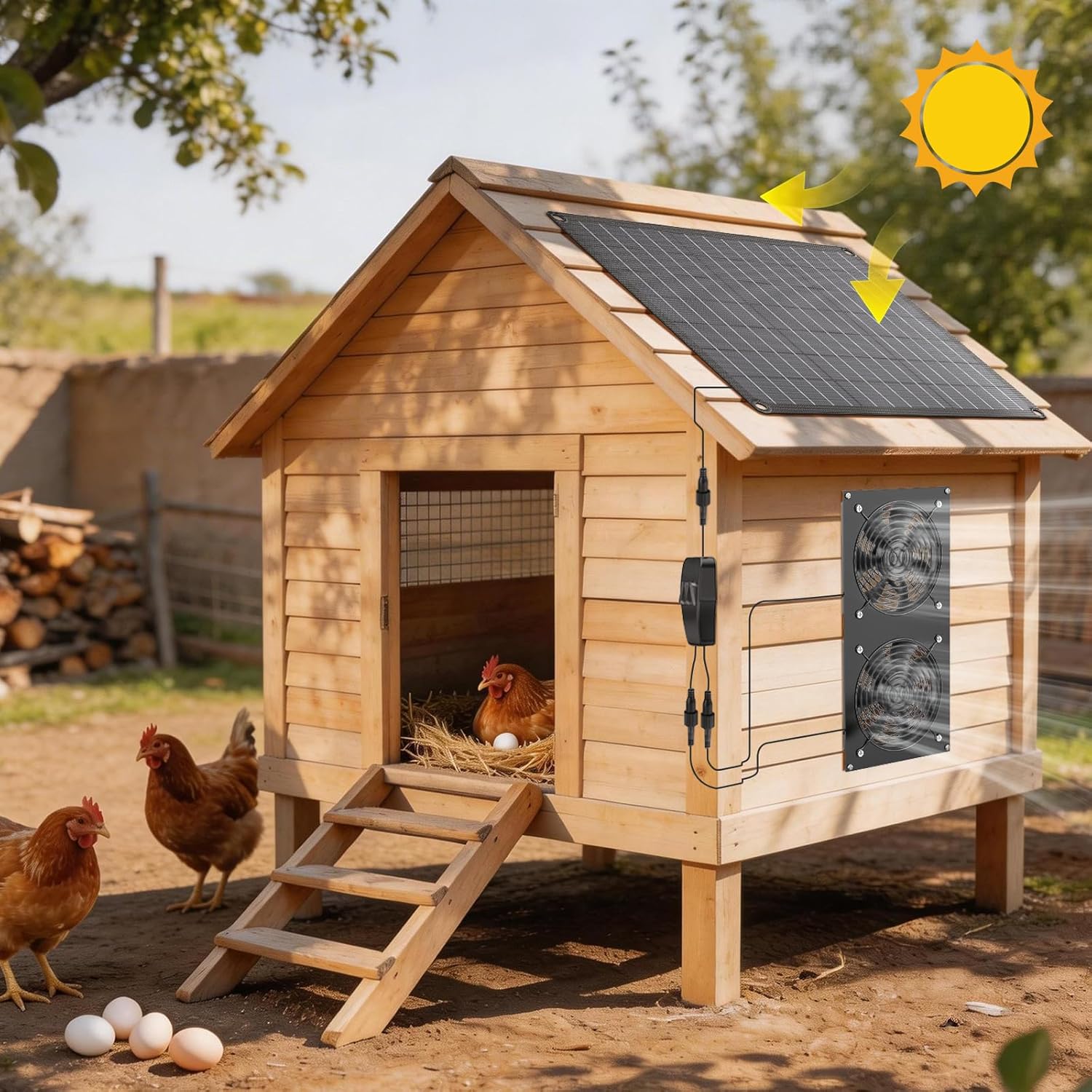 FlexSolar Solar Powered Fan Kit, 12W Solar Panel with 2 Waterproof Fans, Intake or Exhaust Air Fan wtih 13 Ft Cable for Outside Backyard Chicken Coops, Greenhouses, Dog Houses, Pet Houses