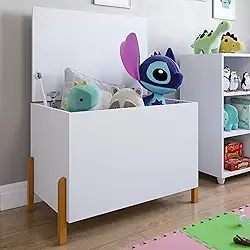 Baú Caixa Brinquedo Kids Com Tampa E Pé de Madeira Maciça Branco