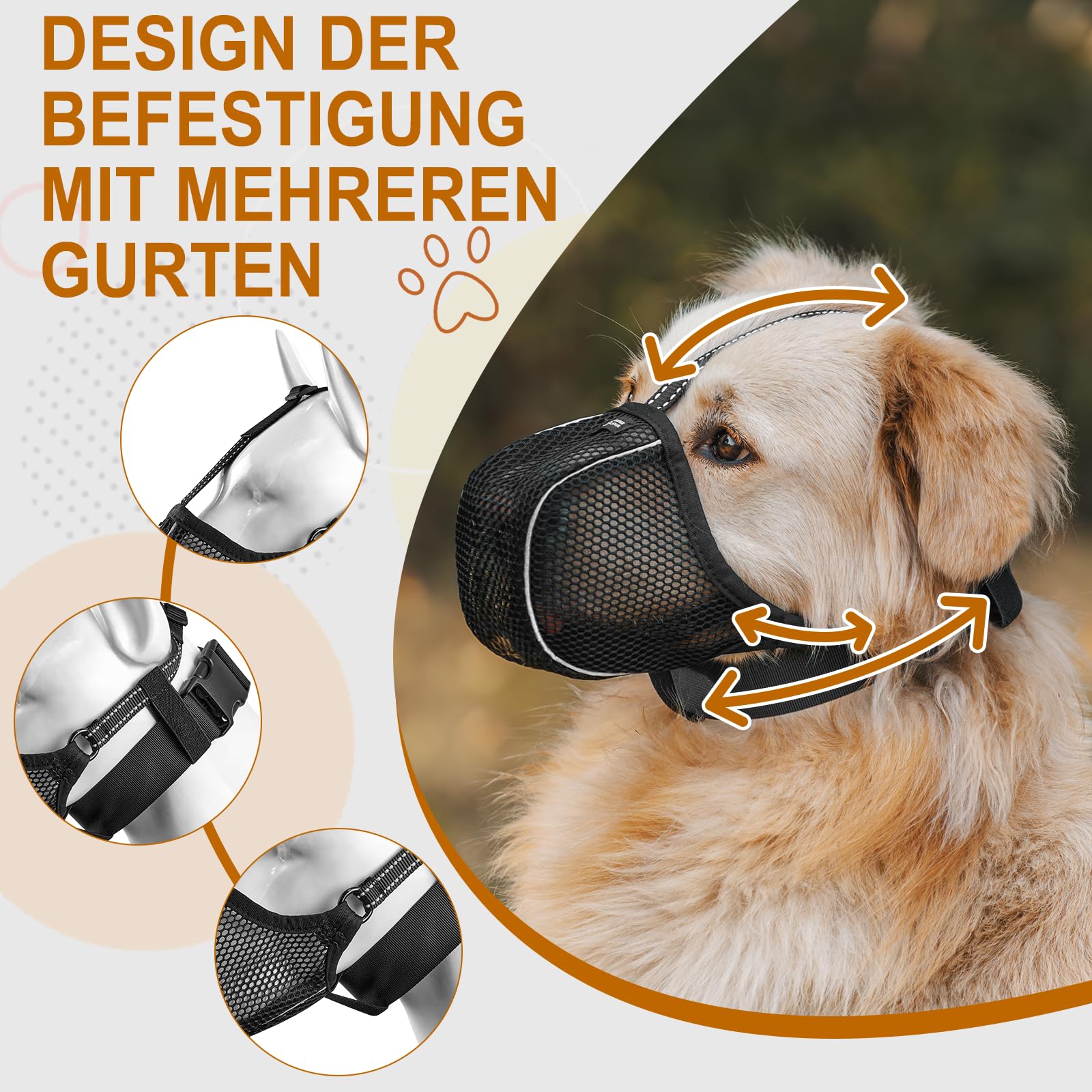 Arblina Hund Maulkorb, Weiches Netz Atmungsaktiv Maulkorb für Kleine, Mittlere, Große Hunde, Anti-Rutsch Verstellbar Maulkörbe mit DREI Riemen & Licht-Reflektierende Einfädeln, Schwarz, S