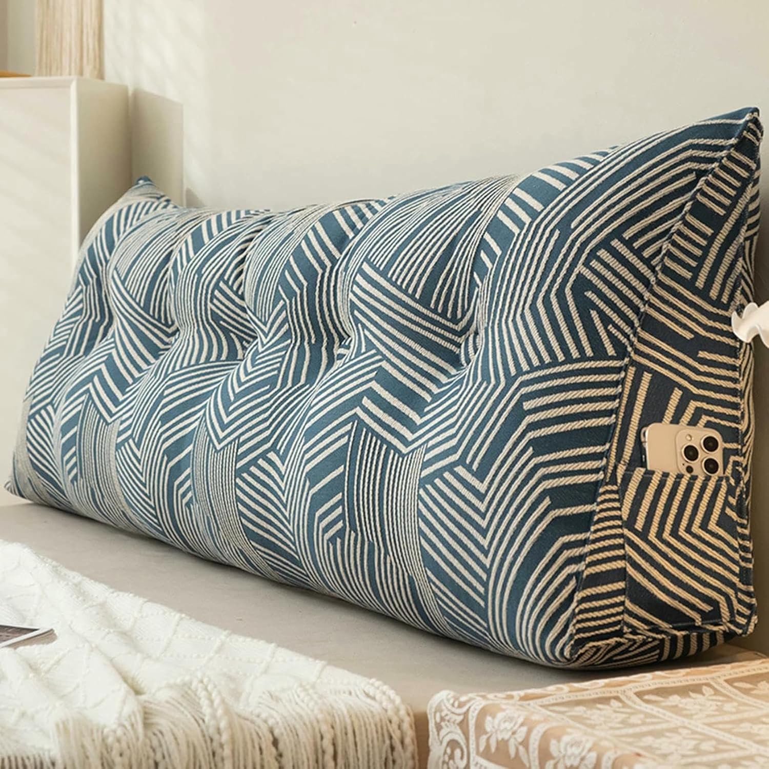 Reading Headboard Pillow,Cotton Linen Triangular Cushion,Wedge Backrest Sitting Up in Bed Large Lounge Cushion Headboard Bolster for Home Bedroom Daybed~/