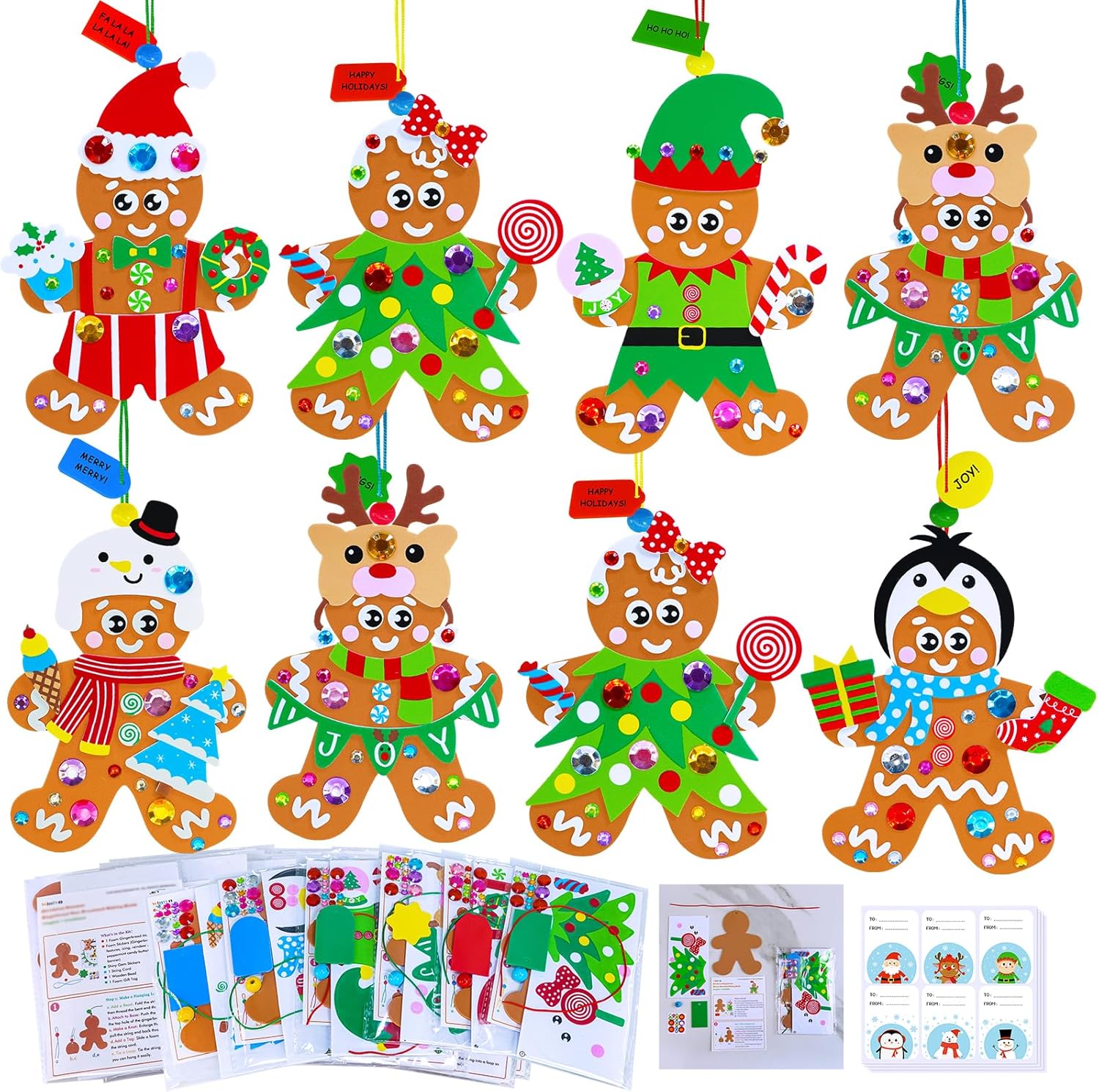 Winlyn 24 Sets Christmas Craft Kits Winter Crafts DIY Holiday Gingerbread Man Ornaments Tree Decorations Art Sets Stocking Foam Stickers Arts and Crafts for Kids Home Classroom Activities Party Favors