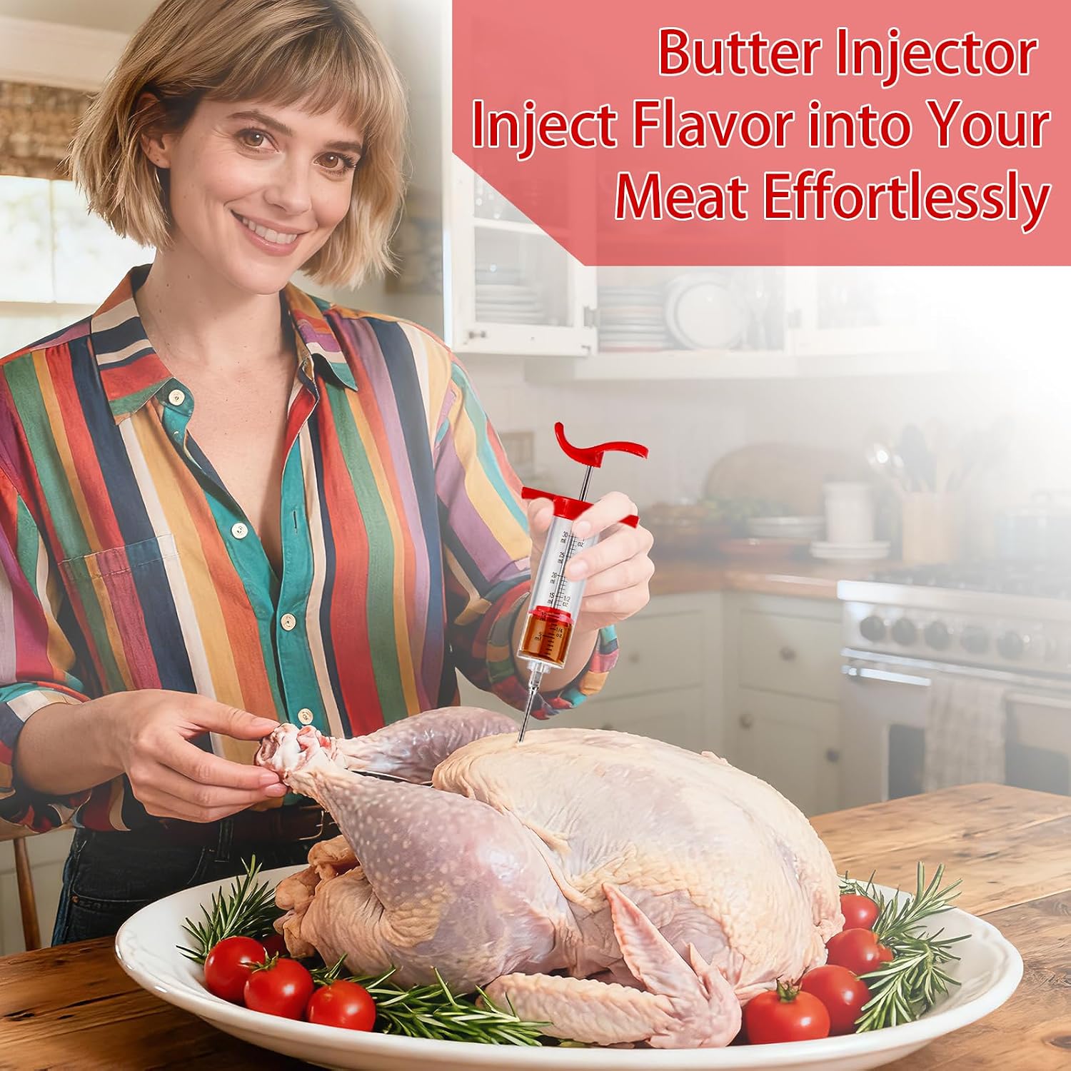 Meat Butter Injector Syringe, 1-oz Plastic Marinade Turkey Injector Kit, with 3 Stainless Steel Meat Needles, 1 Cleaning Brush and Replacement O Ring, Dual Scale (ml/oz), for Turkey, BBQ Grill Smoker