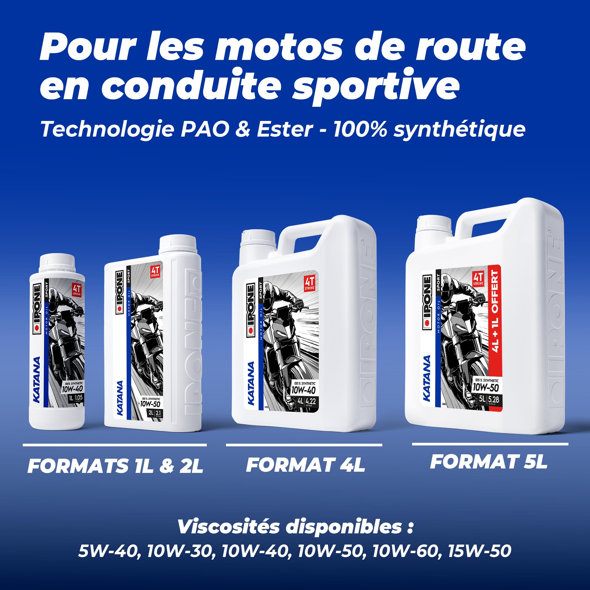 IPONE – Huile Moteur Moto 4 Temps 10W50 Katana – Bidon 2 Litres - 100% Synthétique - Gamme Sport -Très hautes performances -Passages de vitesses souples et rapides -Protection à hauts régimes moteur