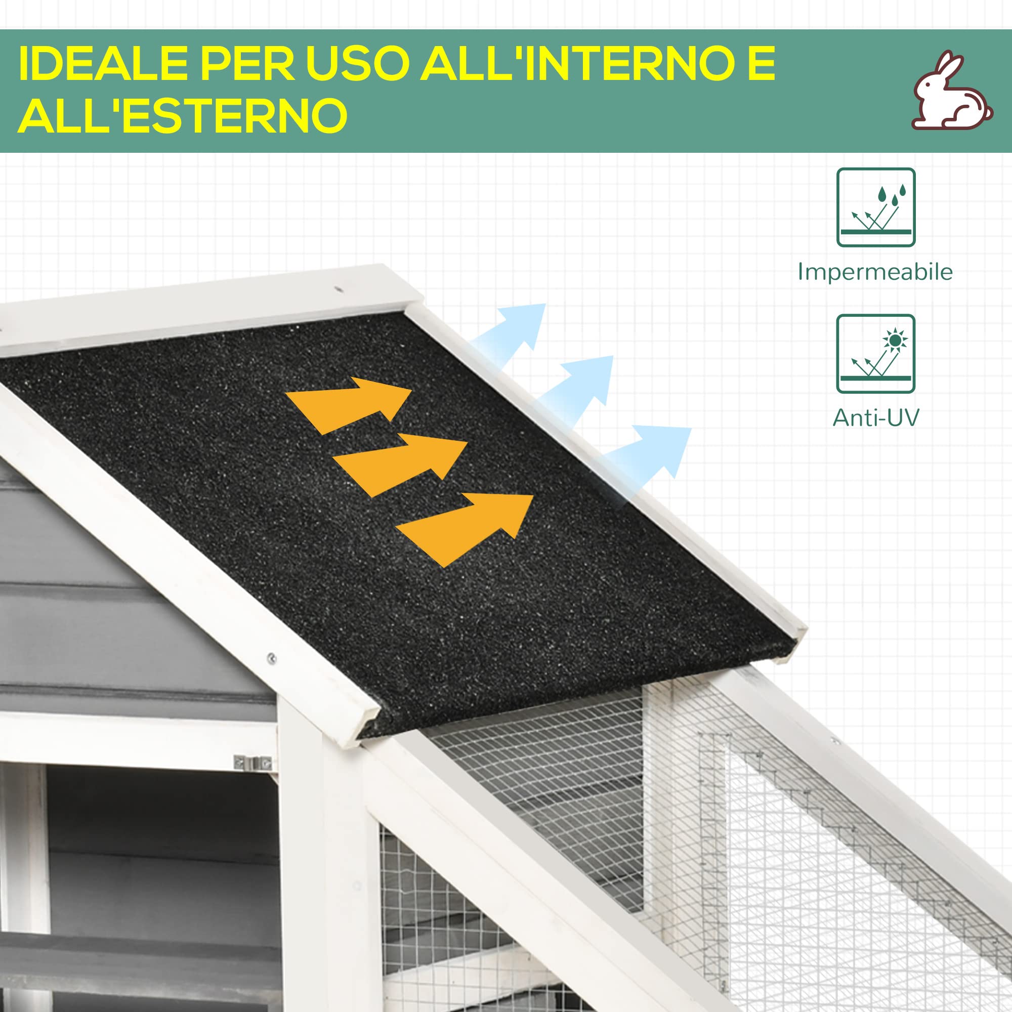 PawHut Conigliera in Legno con Area Aperta e Rampa, 140x65x120 cm, Grigia | Gabbia per Conigli, Fondo Estraibile, Porte