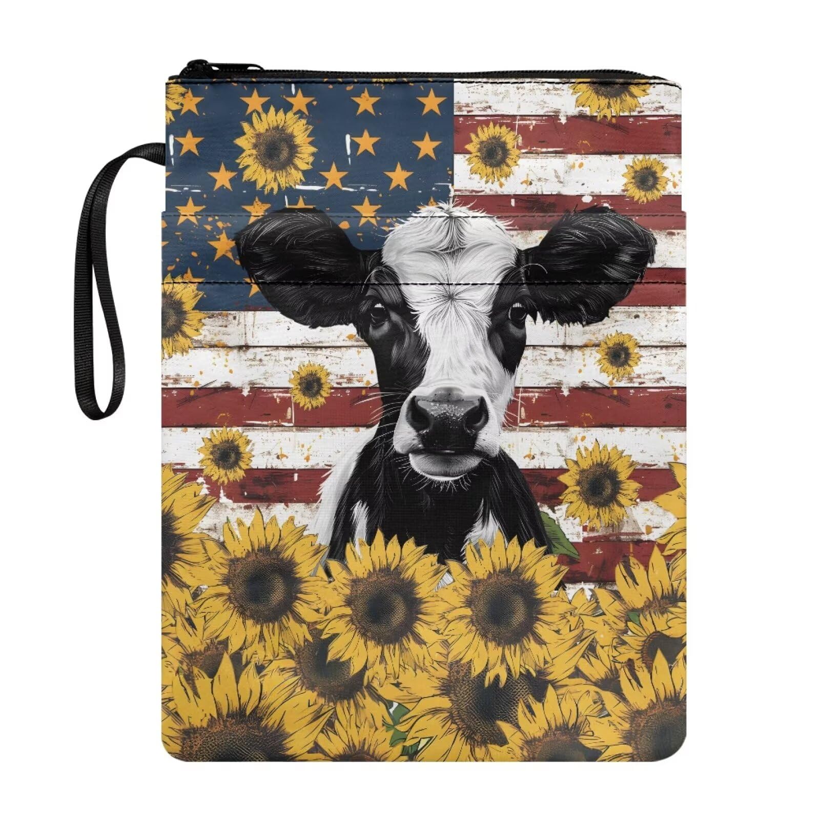Suobstales Cow Sunflower American Flag Print Book Sleeve for Book Lovers with Zipper, Book Protector Book Covers for Hardcover, Washable
