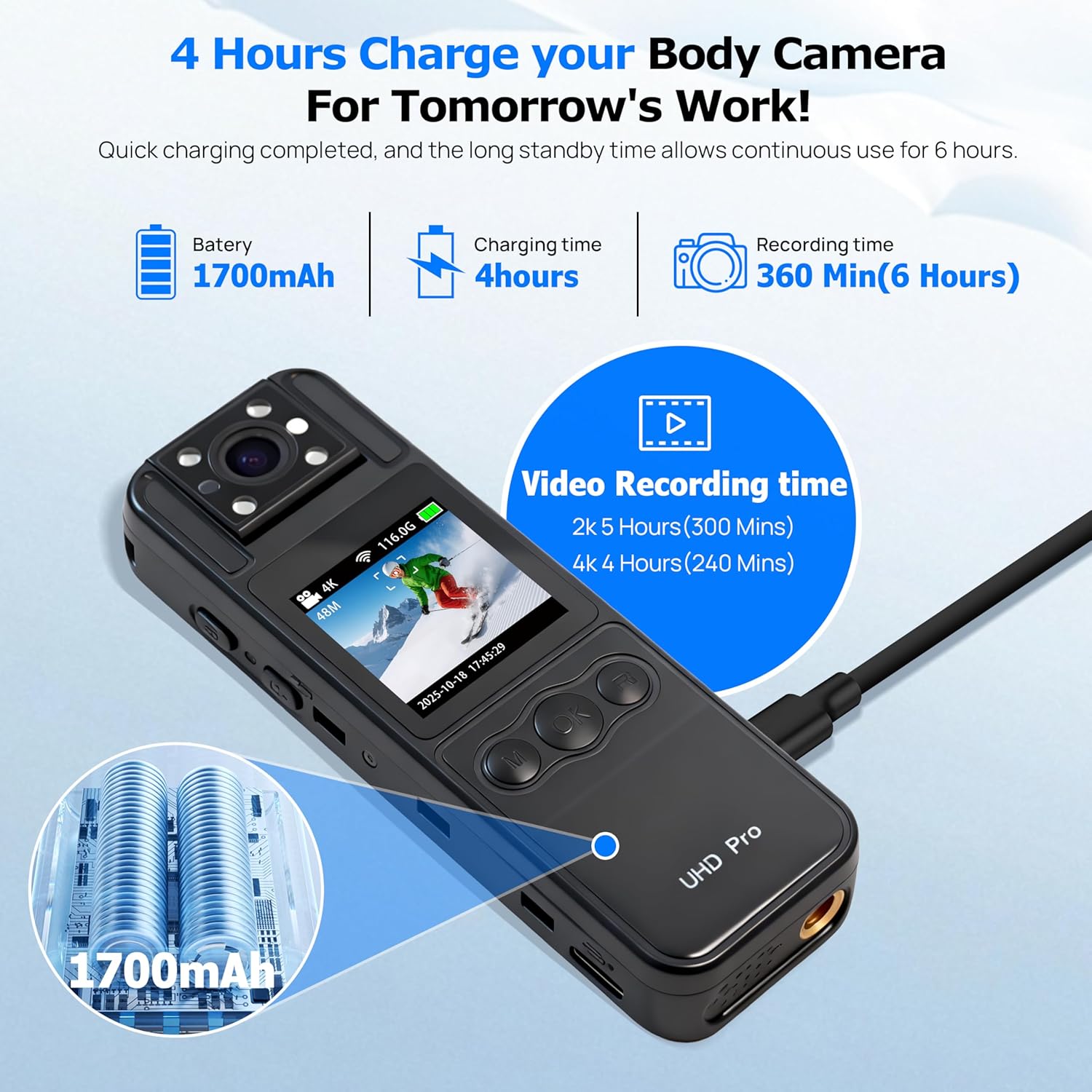 Body Camera with Audio and Video Recording 4K Mini WiFi Police Wearable Body Worn Cam with 180° Rotating Lens, Night Vision, Carry Bag, 6Hr Battery Small Personal Sport Action Camera (128GB)