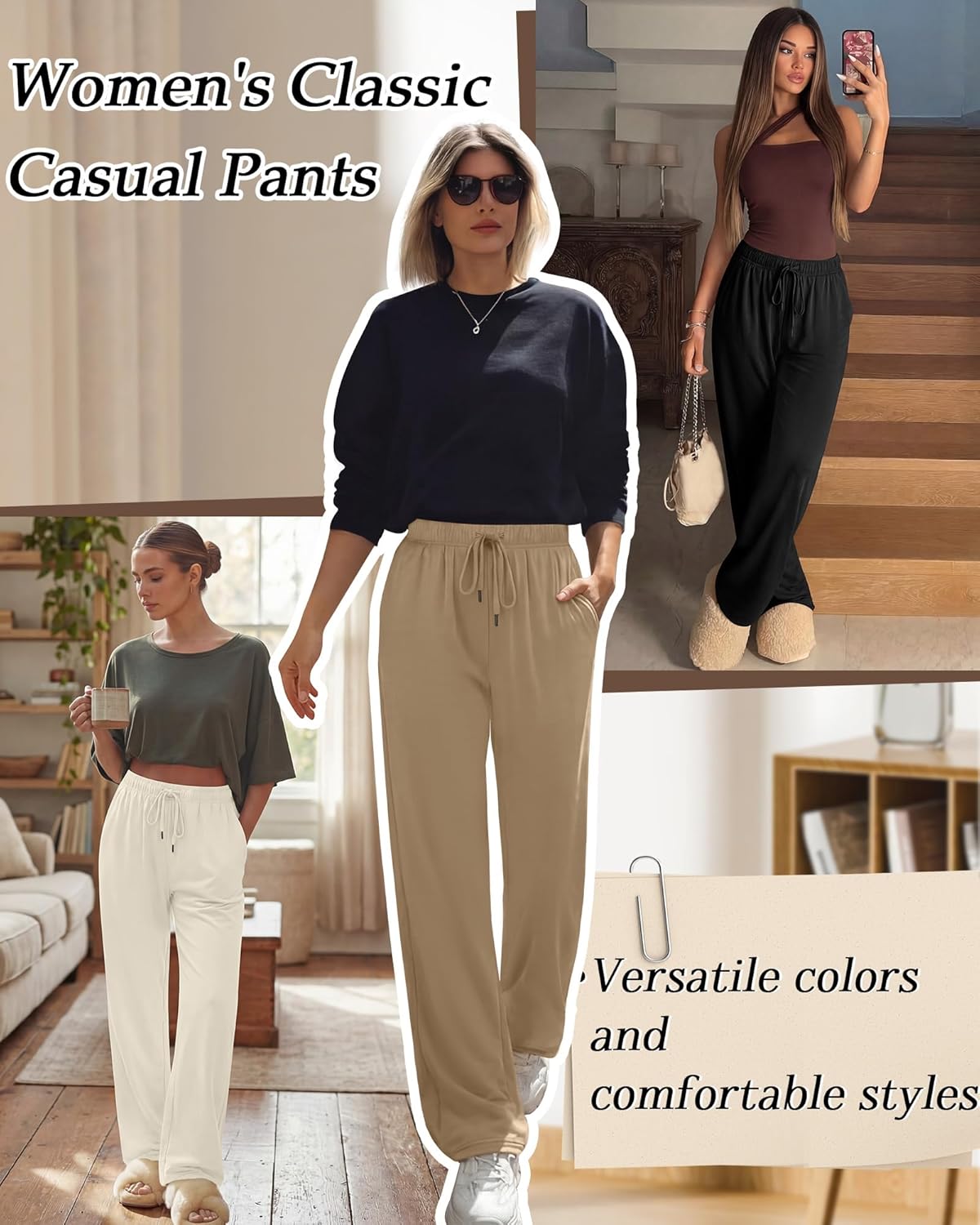 4 Pack Women's Wide Leg Yoga Pants Drawstring Casual Lounge Pants Comfy Loose Cozy Sweatpants with Pockets(Black, Brown, Khaki, Cream,X-Large) - Image 6