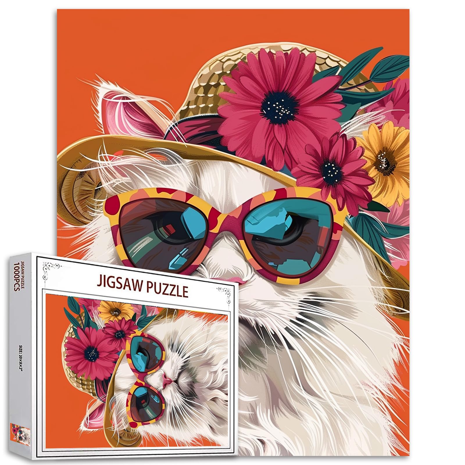 Tucocoo 1000 Piece Jigsaw Puzzles for Adults Cute Cat Wear Sunglass Painting Jigsaw Puzzle Kitten Flowers Hat 1000 Pieces Puzzles for Challenging Family Activity Game Animal DIY Puzzle Wall Decor