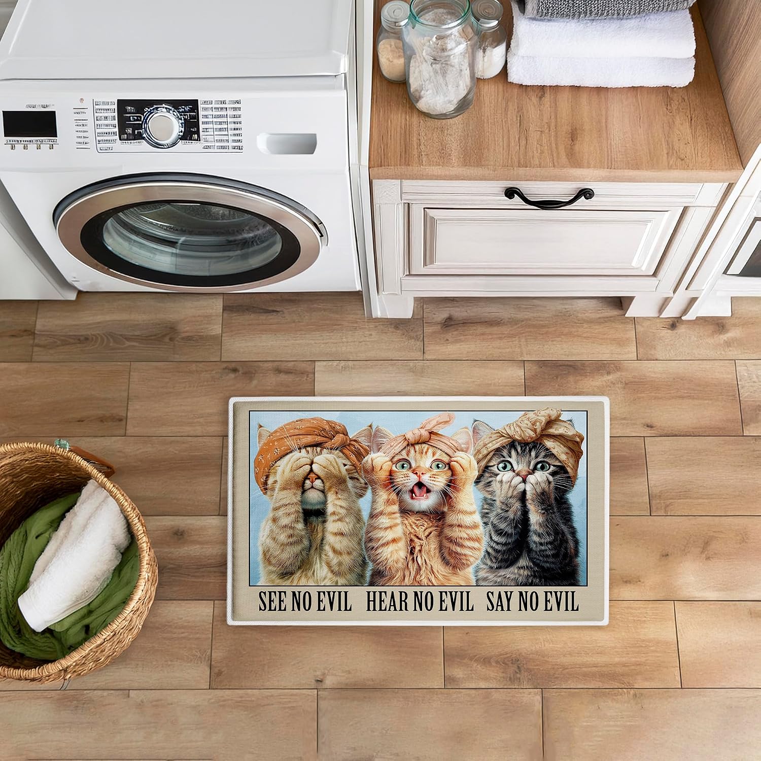 Stupell Industries No Evil Cats Trio Plush Bathroom Mat & Bath Rug, Soft Quick-Dry Non-Slip Bathroom Rug with Recycled Foam Cushion, Animal Humor Decorative Design by Jim Baldwin, 18"x30"