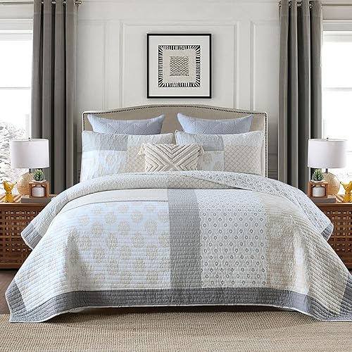 Miniatura 1 de Y-PLWOMEN Colcha tamaño Queen 100 algodón ligera suave colcha acolchada color gris crema blanco juego de ropa de cama reversible de retazos para