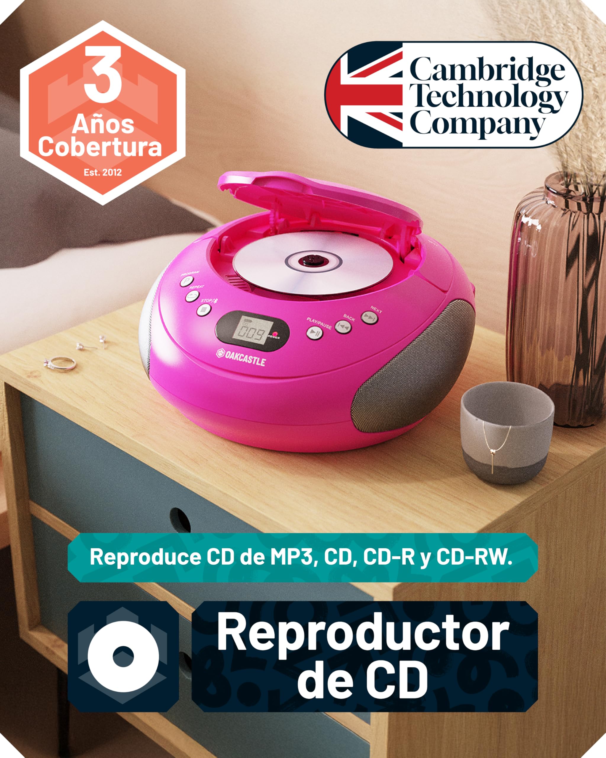 OAKCASTLE CD250 Boombox portátil con Bluetooth, Controles Sencillos, Reproductor de CD para niños, Reproductor de CD portátil con Radio FM, 30 ajustes de Radio, indicador LED (Rosa)