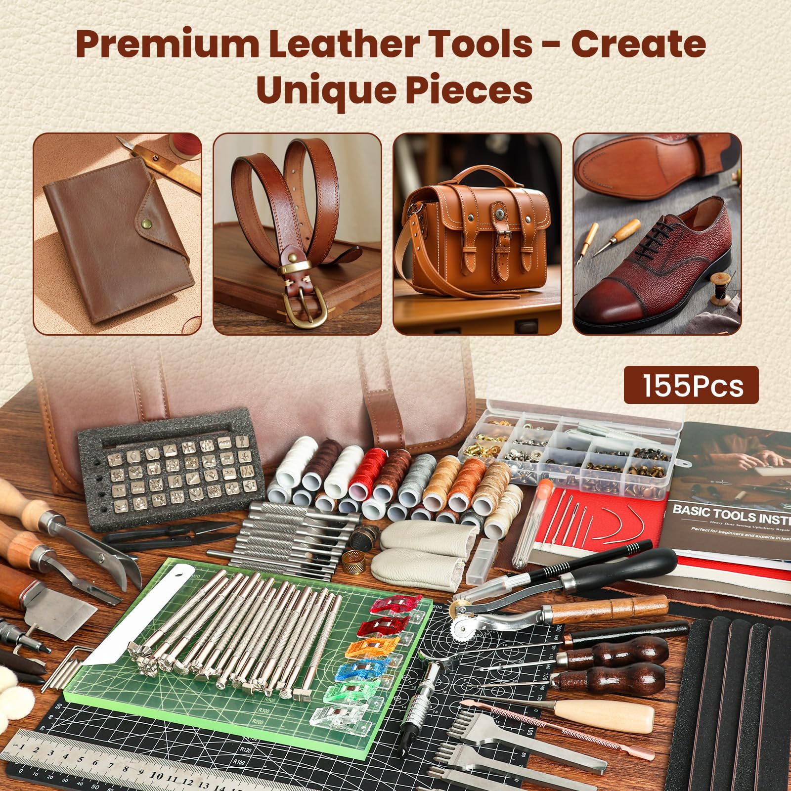 ZAMQIU Lederarbeitsset, 155-teiliges Leder-Werkzeugset mit Schnitzen, Stempeln, Nähen, Stanzen, Schneiden, Lederbearbeitungswerkzeug-Set für Anfänger, DIY Handwerk Starterset für Brieftasche, Gürtel