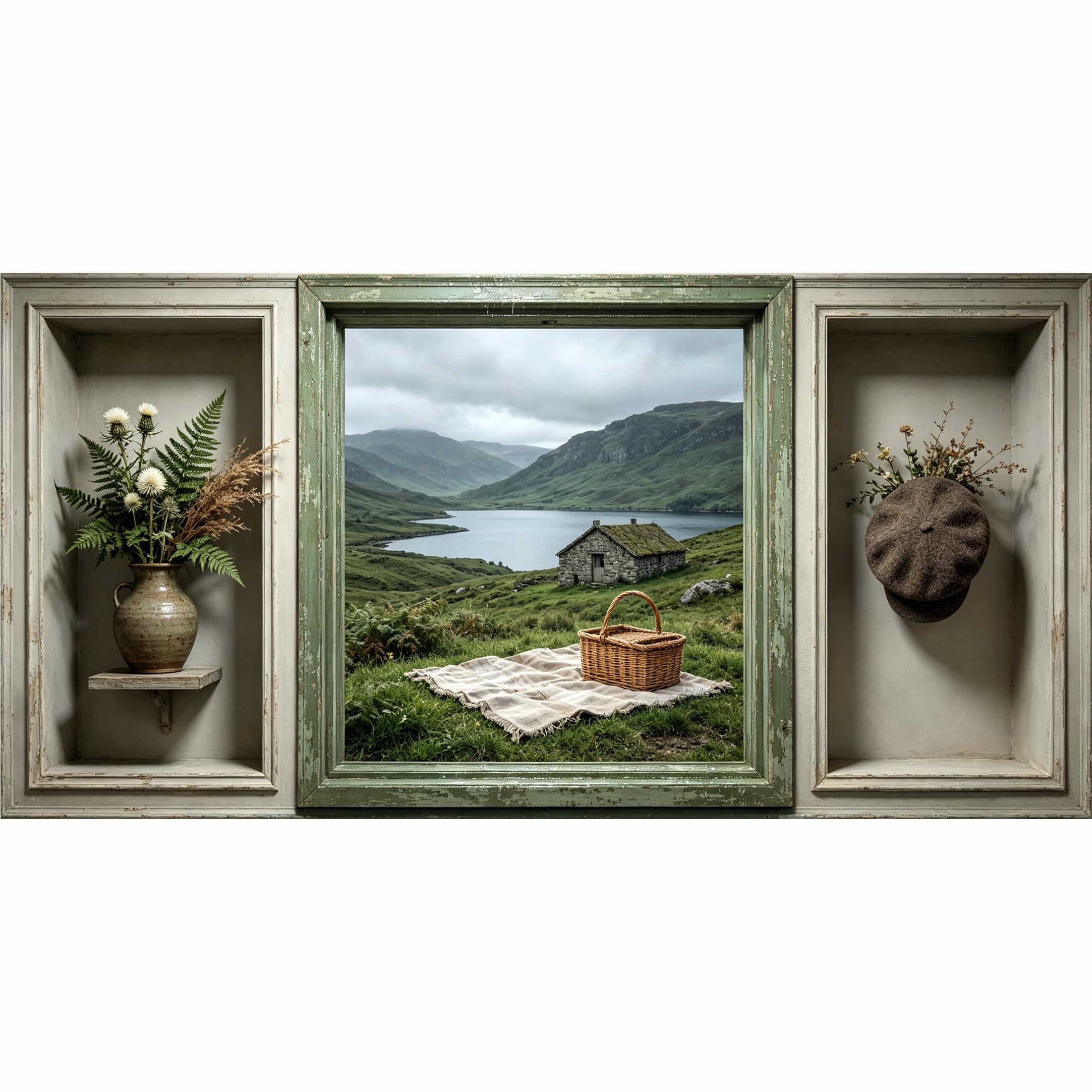 QZLITHOTIC 50x100cm 3D Framed Wall Art， Highland Lake Landscape Farmhouse Picnic SelfAdhesive Mural， Water‑Activated Peel & Stick Fabric Decor Wall Decal for Bedroom Living Room