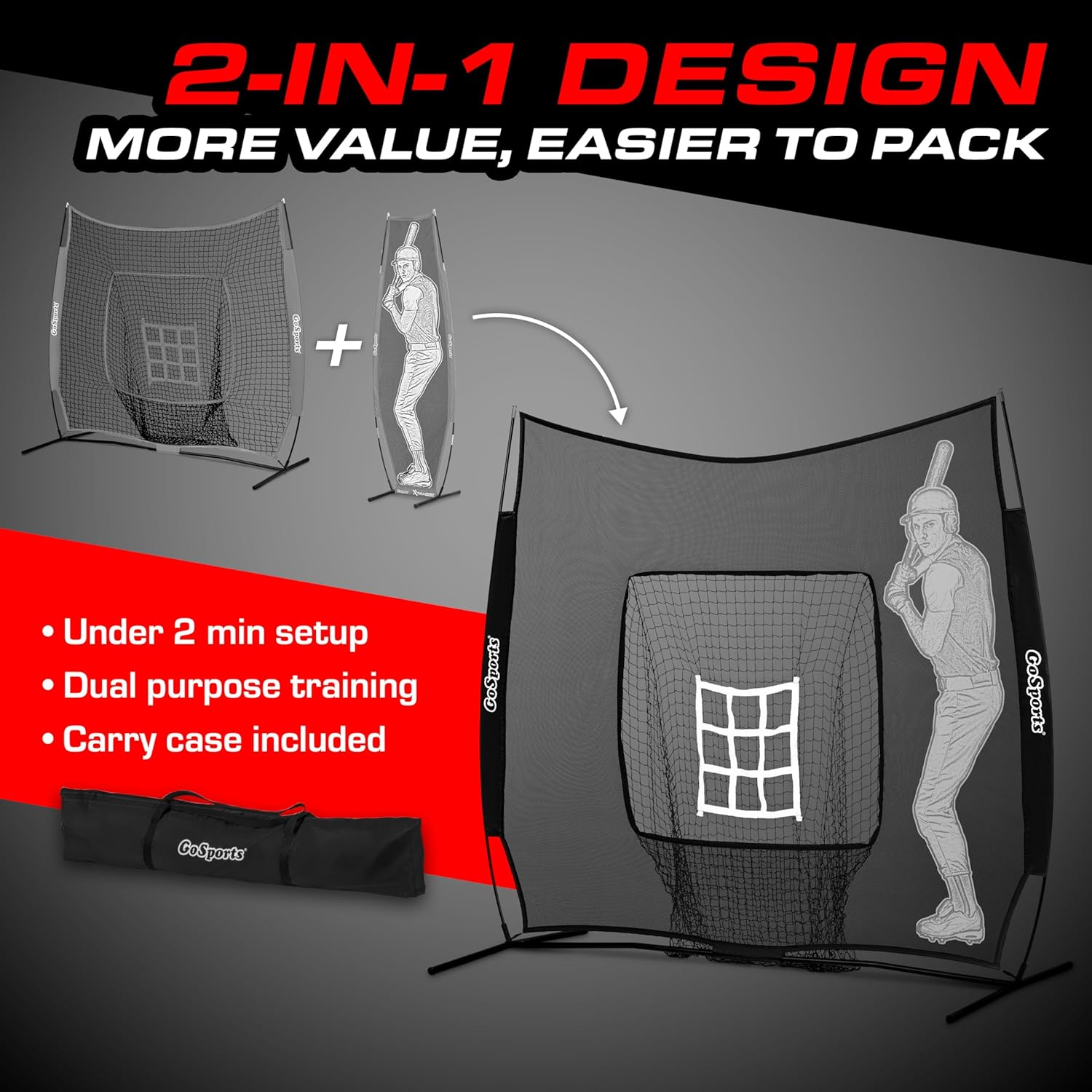 GoSports 7 x 7 ft Advanced Baseball & Softball Net with Xtraman Batter - Portable Hitting & Pitching Practice Net