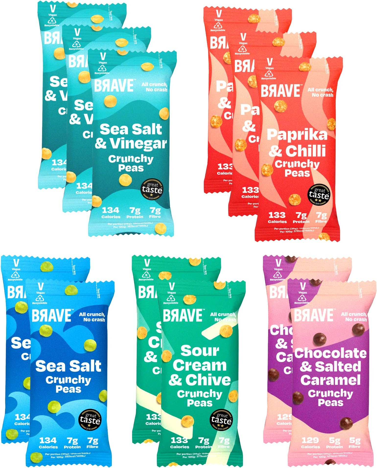 BRAVE Roasted Peas: Healthy Snack, High Protein, Low Calorie - Variety 12 Multipack (12 x 35g Packs)