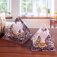 Vista 4 de mookaitedecor Pirámide de orgón de cristal de amatista con ángel de la guarda de cuarzo rosa y piedras rodadas, generador de energía de orgonita