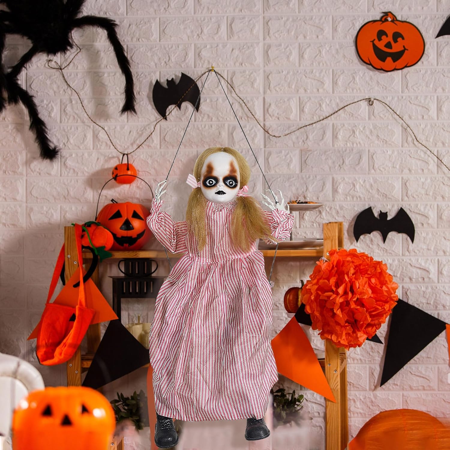Halloween Hanging Ghost Props, 2.6FT H Life-Sized Voice-Activated Pink Skirt Girl Sitting on Swing with Lighted Eyes & Kicking Legs & Eerie Sound for Haunted House Trees Spooky Party Decor