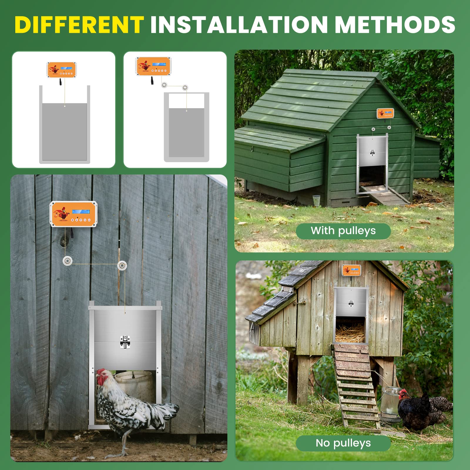 Apriporta Automatico per Pollai con Timer e 1 Telecomandi, Sistema di Sollevamento Porta Pollame IP65 Impermeabile per Tenuta Sicura, a Batteria o Solare