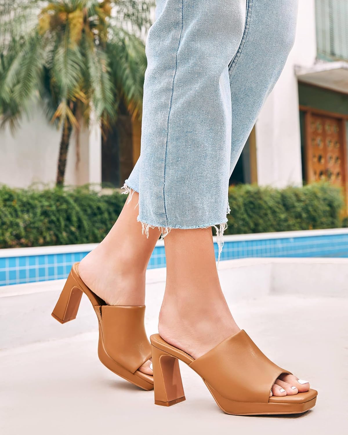 Trish Lucia Womens Platform Chunky Heels Mules Square Open Toe High Heeled Sandals Slip On Slides Dress Shoes - Image 2