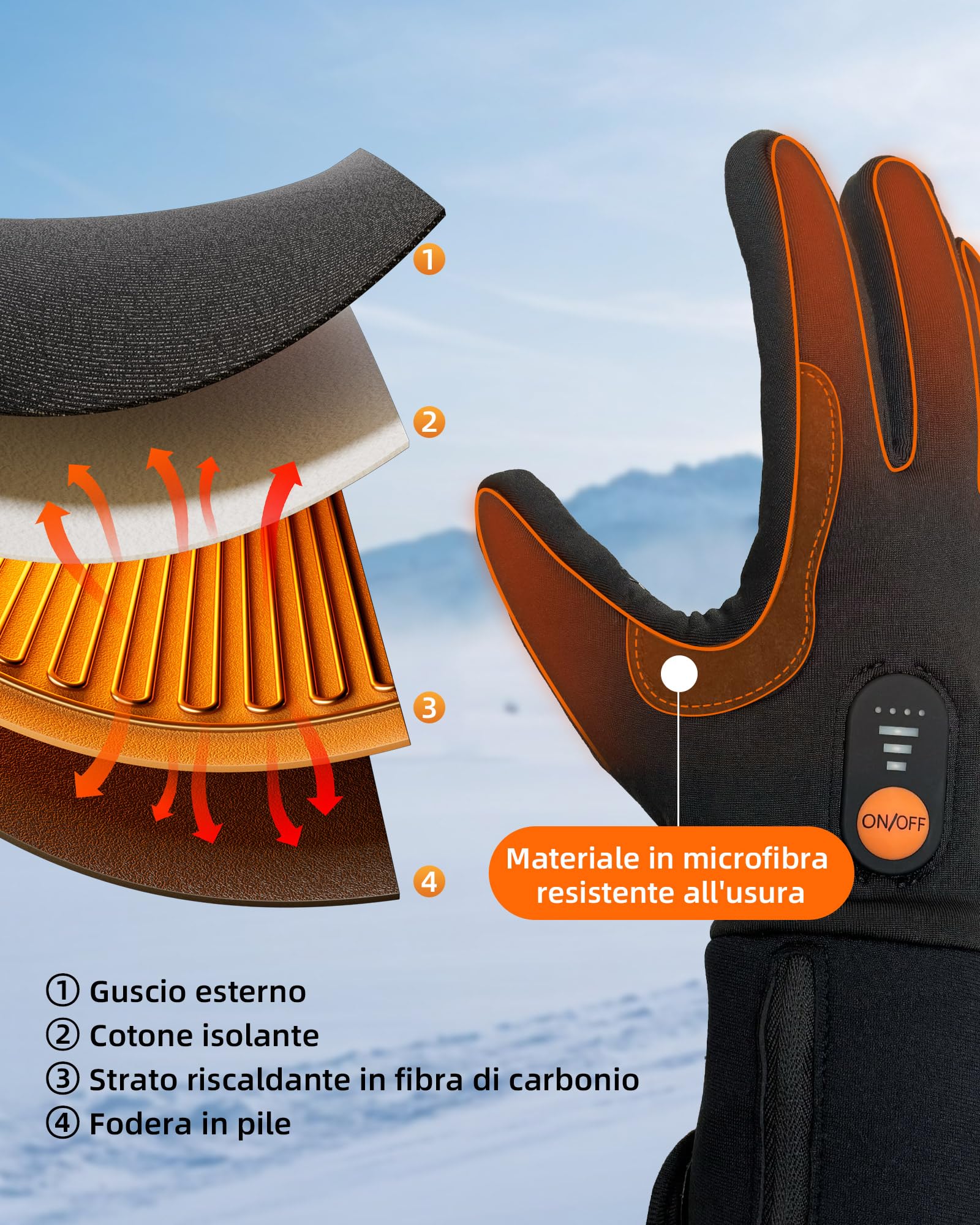 Guanti Interni Riscaldati Uomo Donna, Guanti Riscaldati con Funzione Touch Screen Impermeabili, Guanti da Sci a Batteria Ricaricabili Elettrici, Moto Snowboard Escursionismo Ciclismo Escursionismo