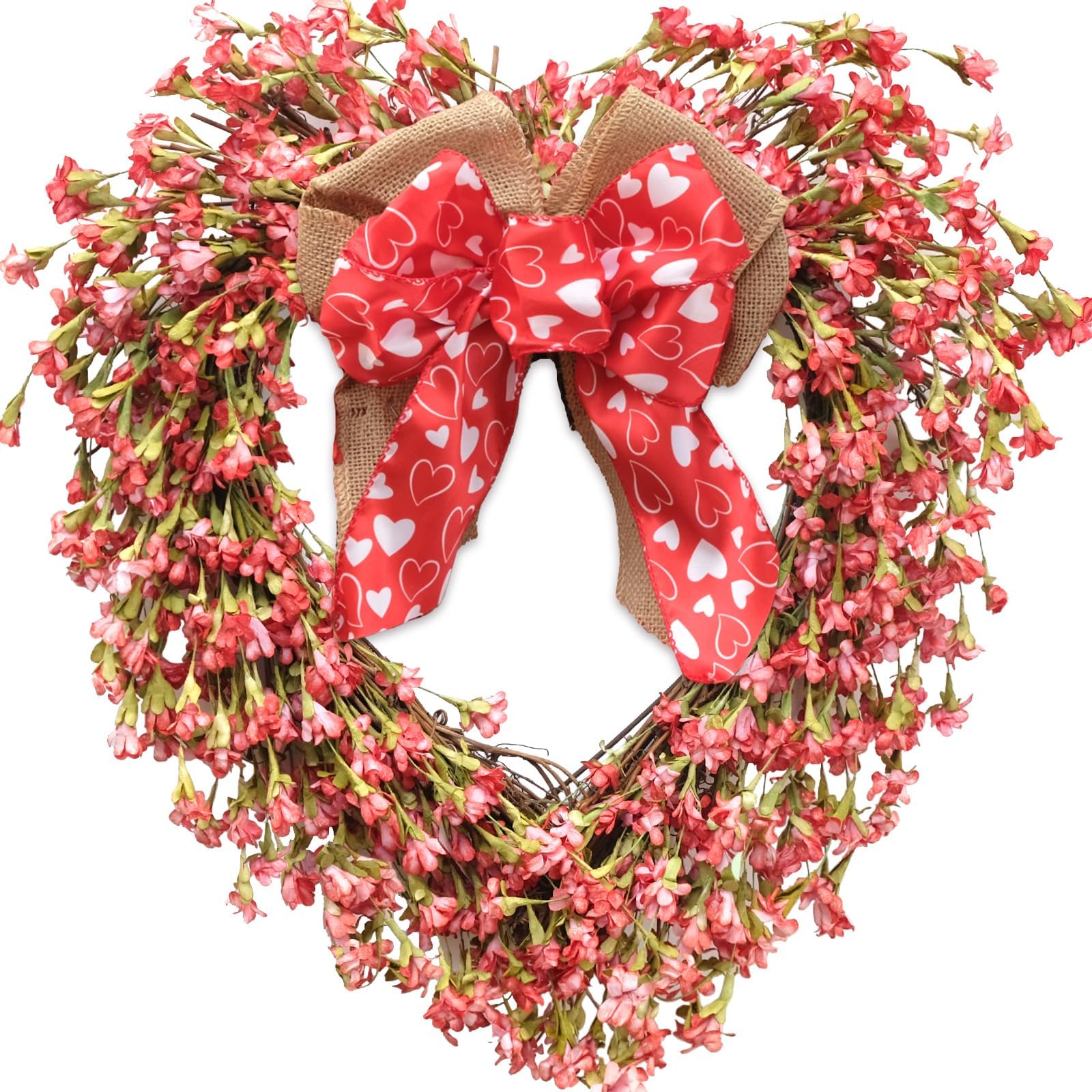 TEMPUSValentine's Day Wreath Artificial Forsythia Flower Heart Wreath Natural Vine Wreath with Bow, Spring/Summer Front Door Wreath for Wedding Window, Home Wall, Indoor Front Door Decoration