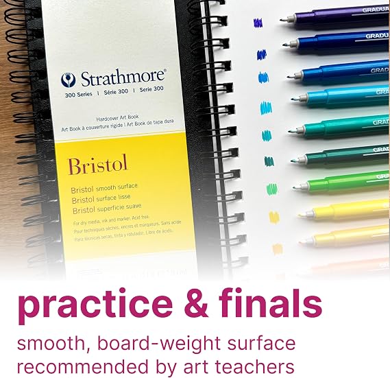 Strathmore 300 Series Bristol Paper Art Book, Smooth Texture Black Hardcover & Side Wire Binding, 24 Sheets, White, 8.5x11 inch, 1 Count