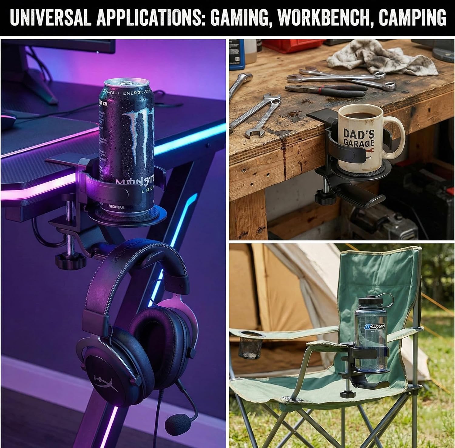 3 in 1 Desk Cup Holder & Headphone Hanger, 360° Rotating Under-Desk Hook, Aviation-Grade Aluminum Clamp-On for Gaming Desks, Workbenches, Shelves & Camping Chair Armrests, Fits Large 40oz Tumblers